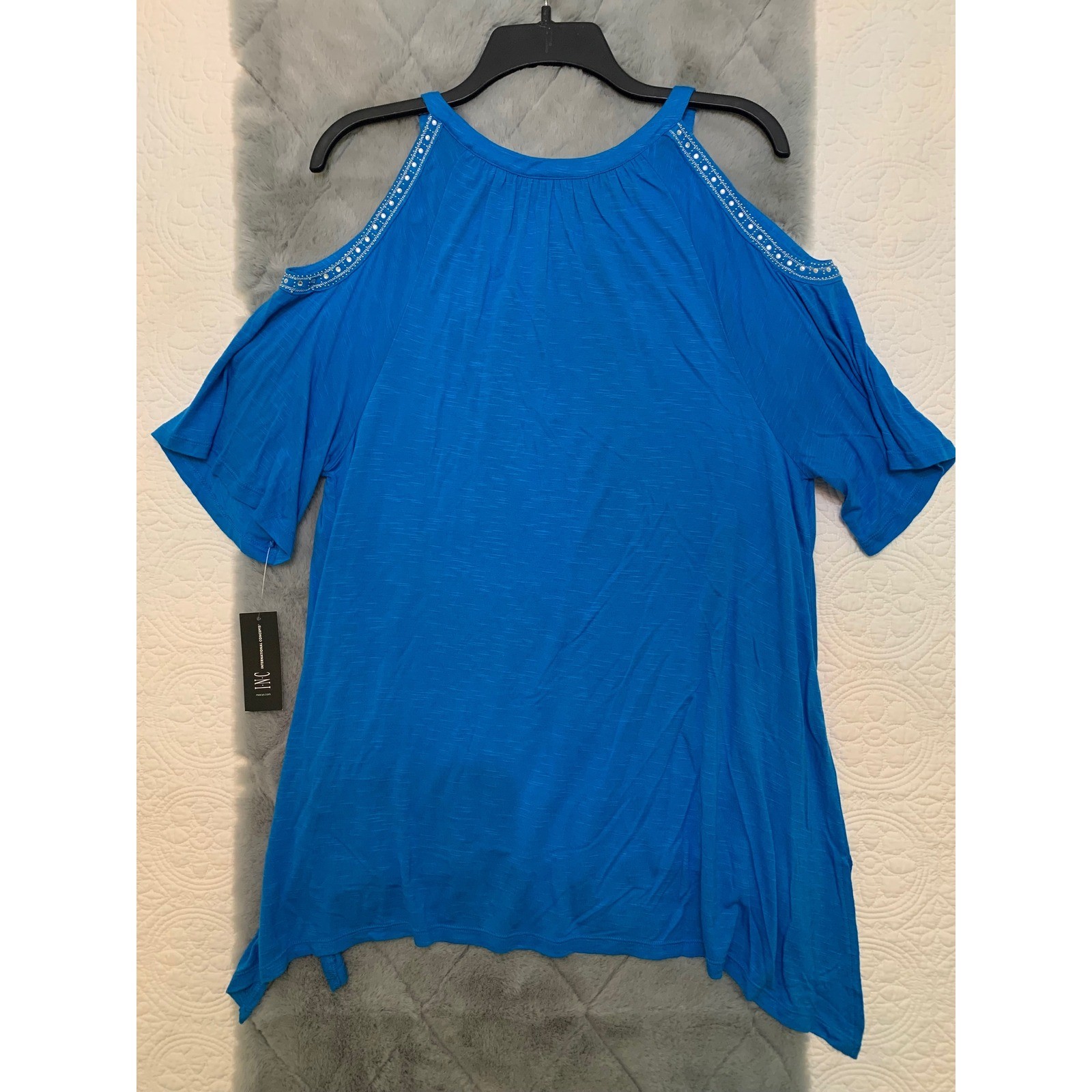INC International Concepts Women XL Blue Cold Shoulder Rhinestone Top New w/Tags
