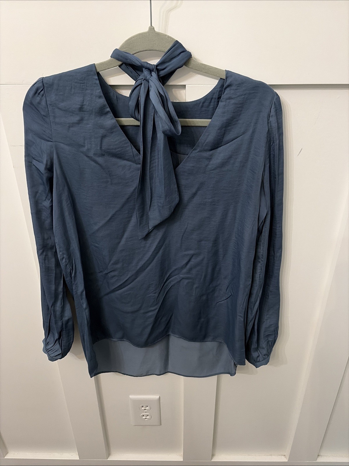Dynamite Pullover V Neck Blouse-Slate Blue-Tie Neck Option-Medium