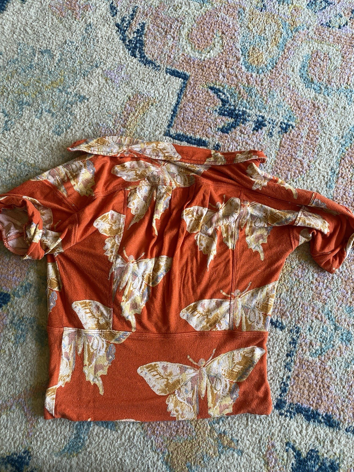 Free People 70s boho Orange Butterfly Print Collared Short Sleeve tie top M