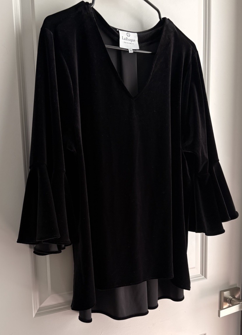 La Roque Blouse Velvet Original Women’s OS Bell Sleeve Black Velour High Low
