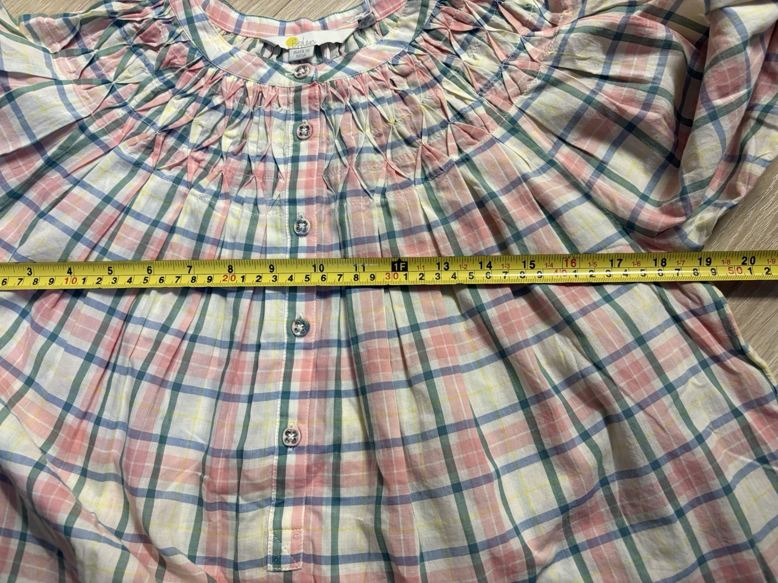 Boden UK 10 Smocking Detail Blouse multi-color checked 100% Cotton