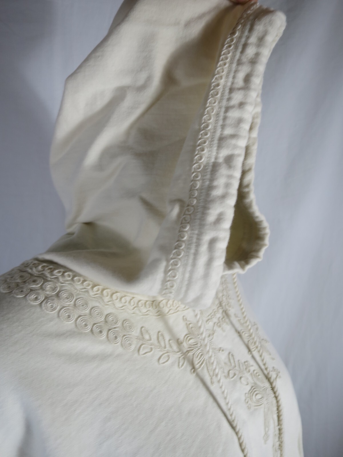 Lucky Hooded Poncho Cream Medium Weight Cotton Wood Beads Fringe Ties One Size