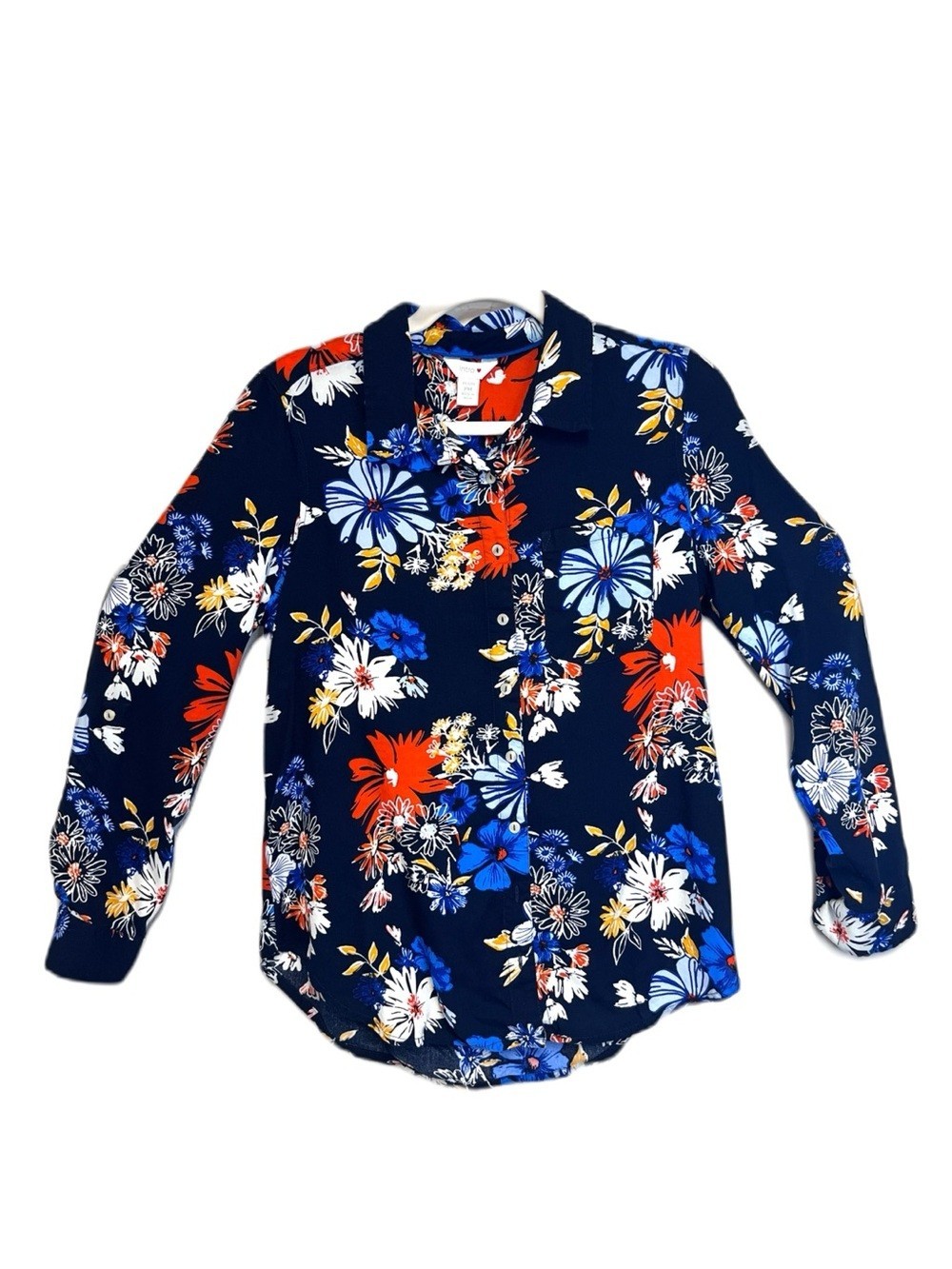 intro. Navy Orange Blue Yellow Floral Long Sleeve Button Up Blouse