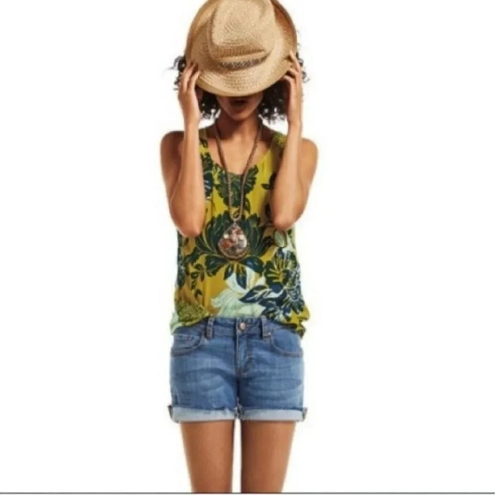 Cabi Women’s Mustard Black Floral Print Sleeveless Silk Blend Top Size M