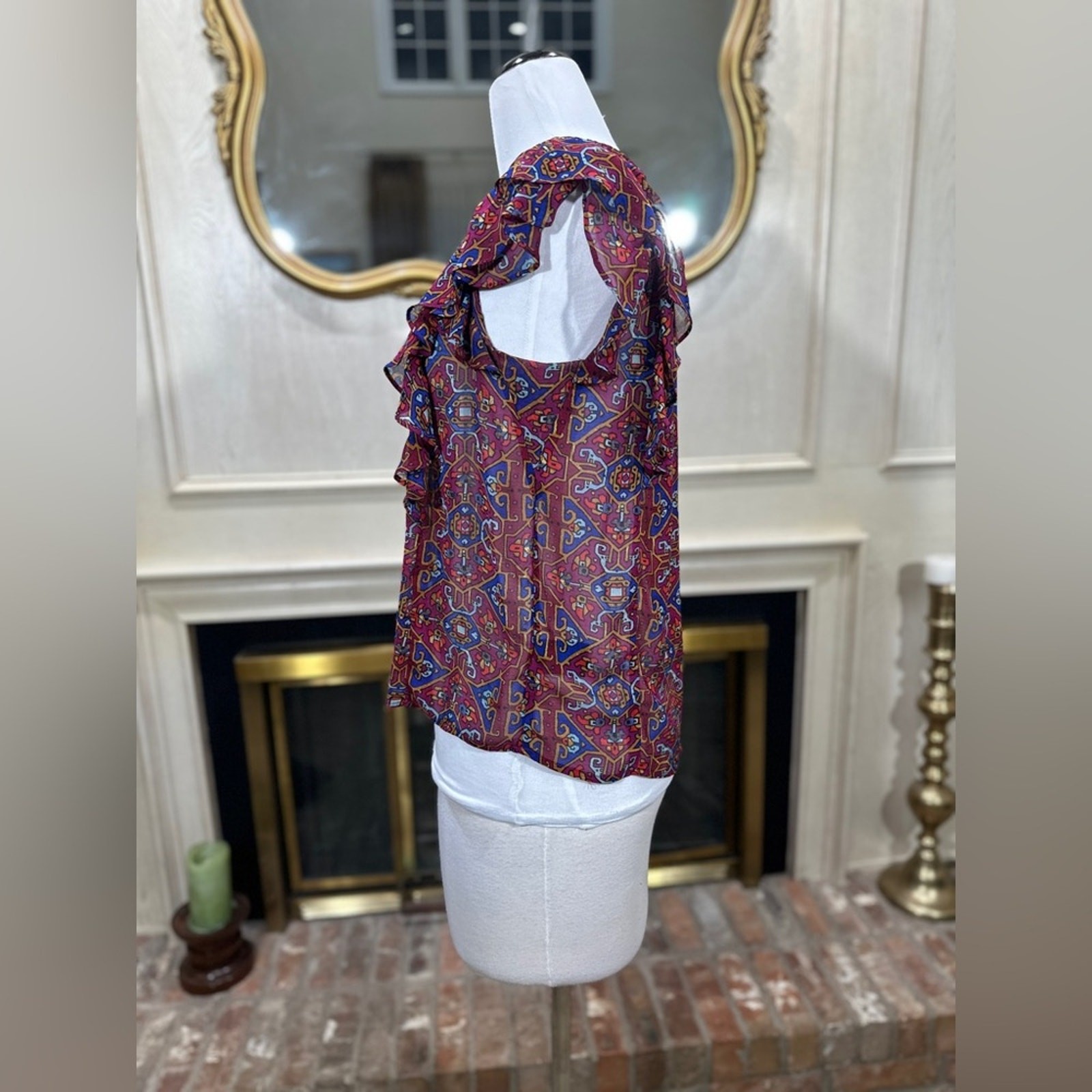 Anthropologie Meadow Rue Ruffle Sleeve Sheer Top Boho Geometric Print Women’s 4