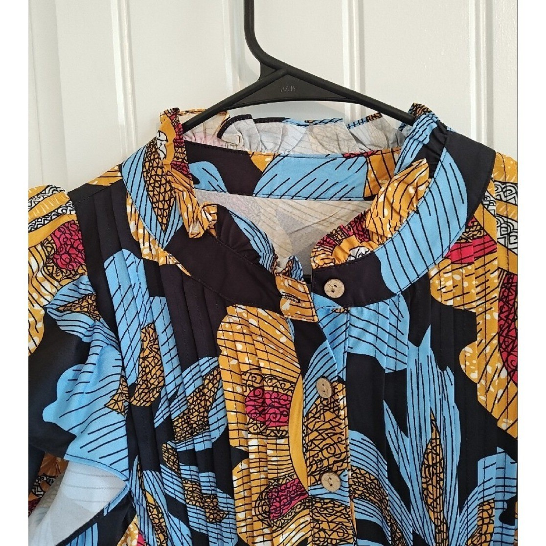 Floral Ruffle Sleeve Button Down Blouse Blue Yellow Pleated Front Women medium