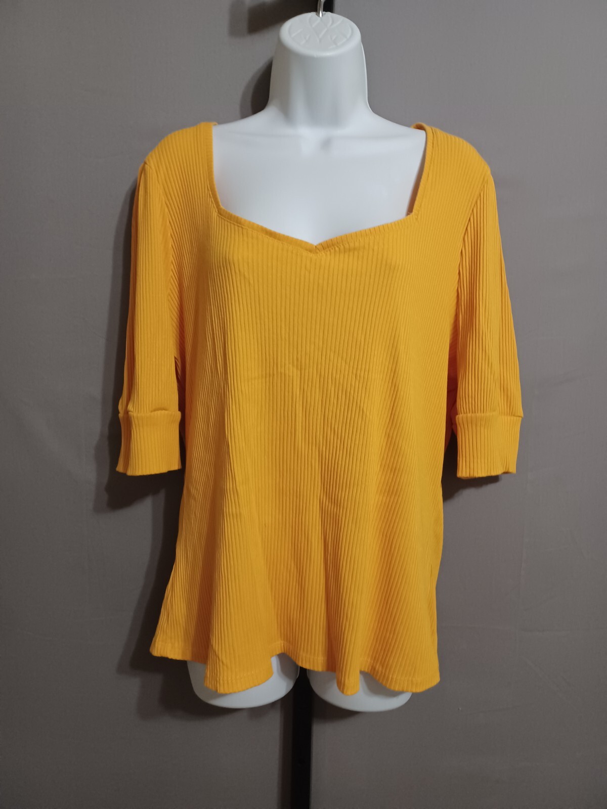 Ophelia Roe top yellow ribbed sq neck 3/4 sleeves stretch casual, office sz 2X