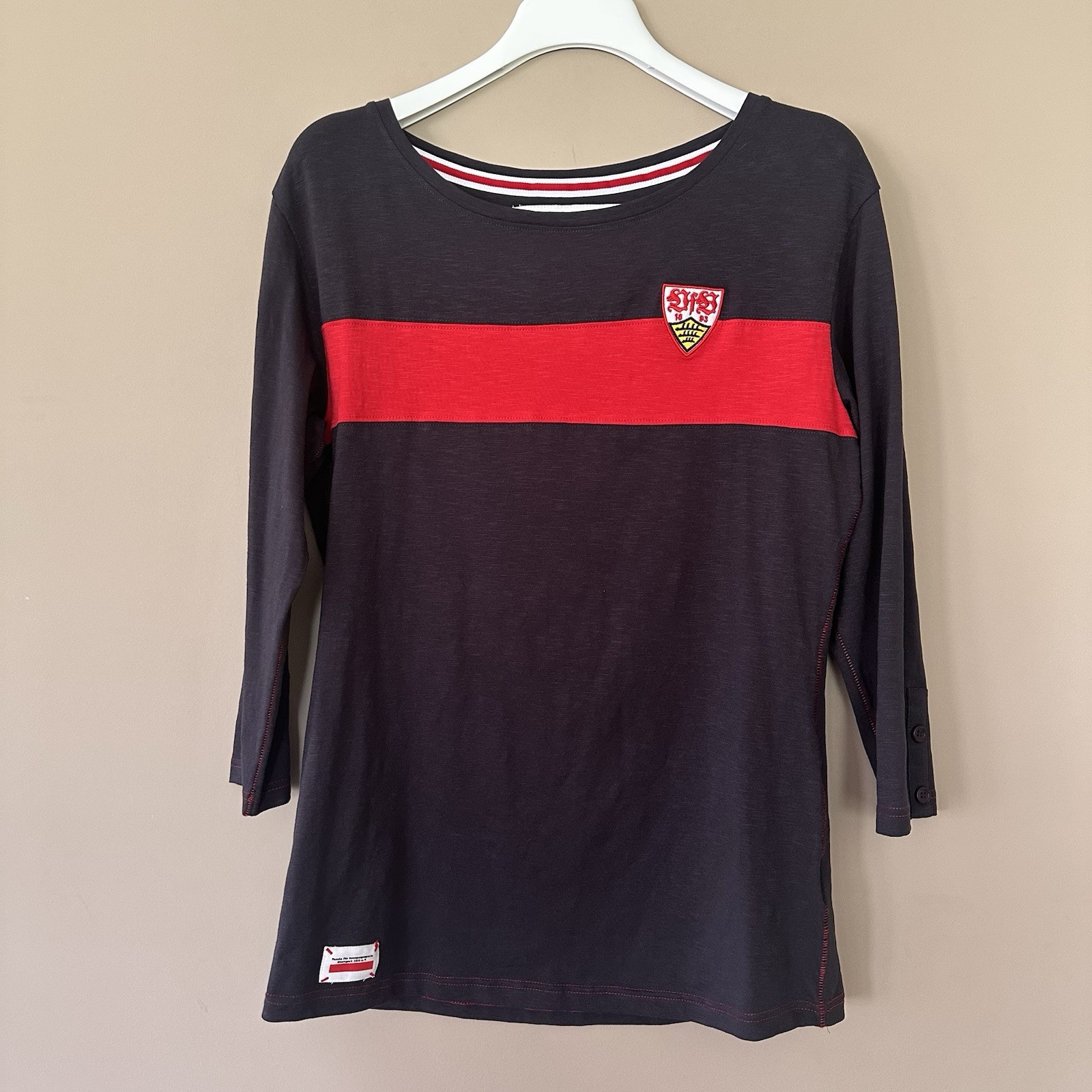 VfB Stuttgart 1893 Women XL 3/4 Sleeve Tshirt Soccer Top Black Red Germany Patch
