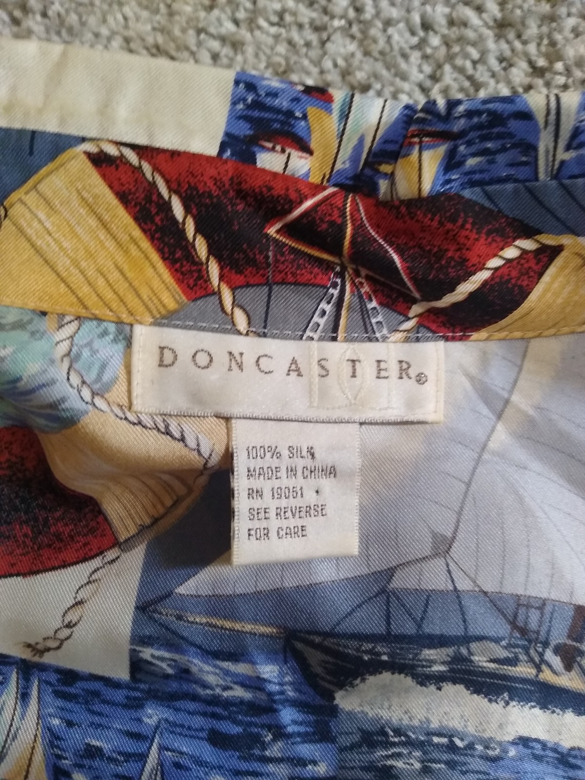 Button Down Shirt Nautical Sailing 100% Silk Blouse Vintage Doncaster Top L XL