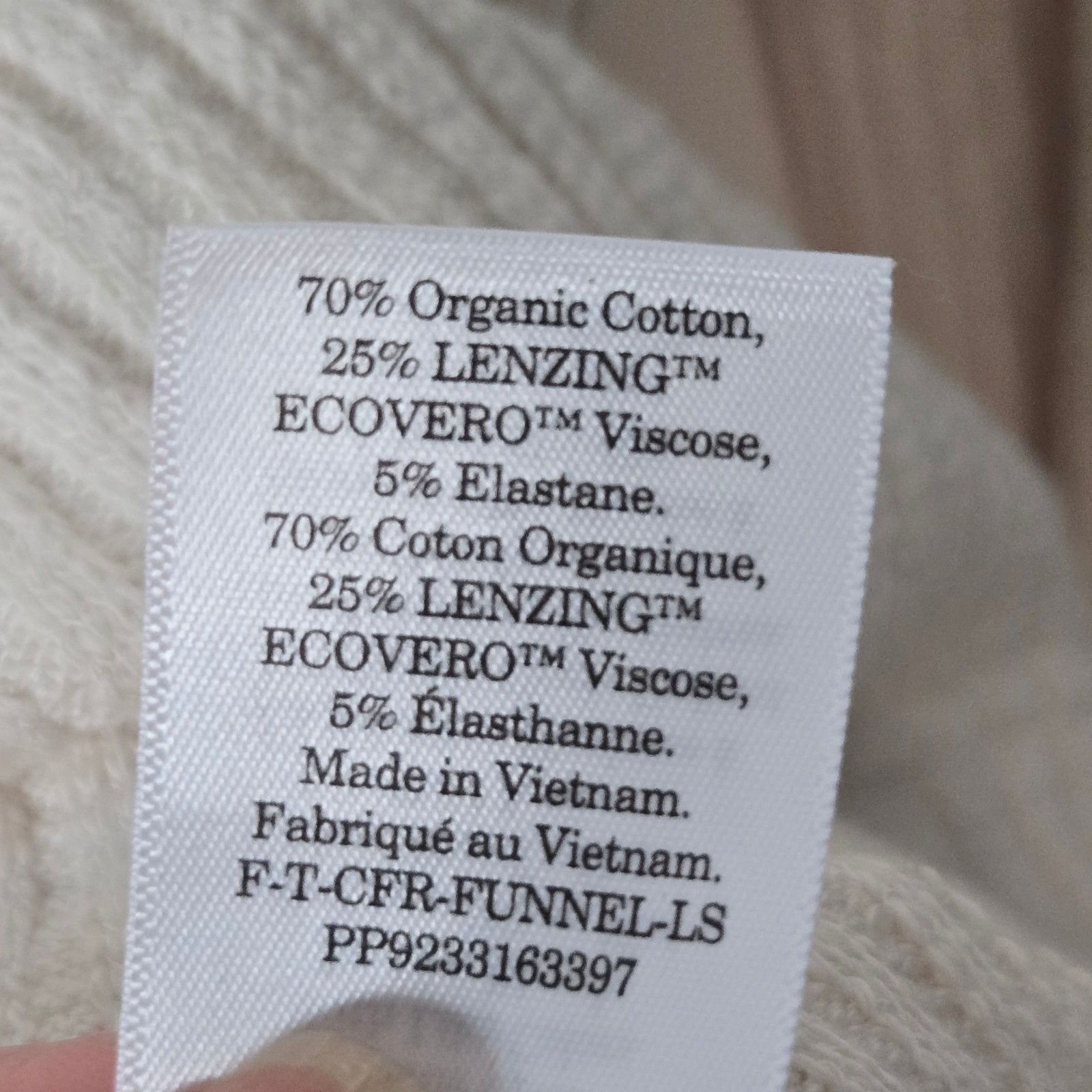 Everlane Size M The Cozy Rib Funnel-Neck Long Sleeve Top Oatmeal Organic Cotton
