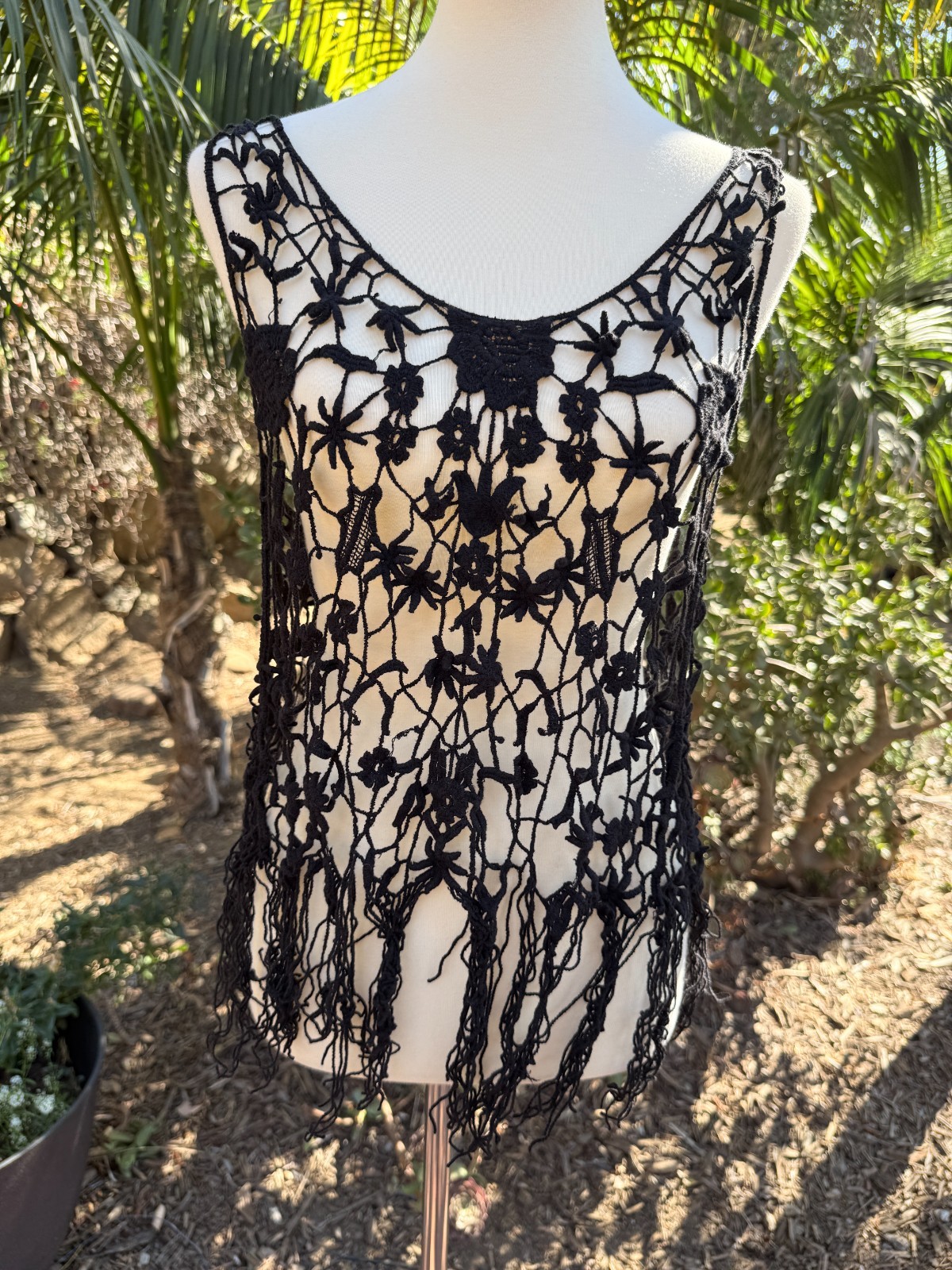 Black Fairy Grunge Whimsigoth Floral Open Knit Crochet Fringe Festival Top Sz S