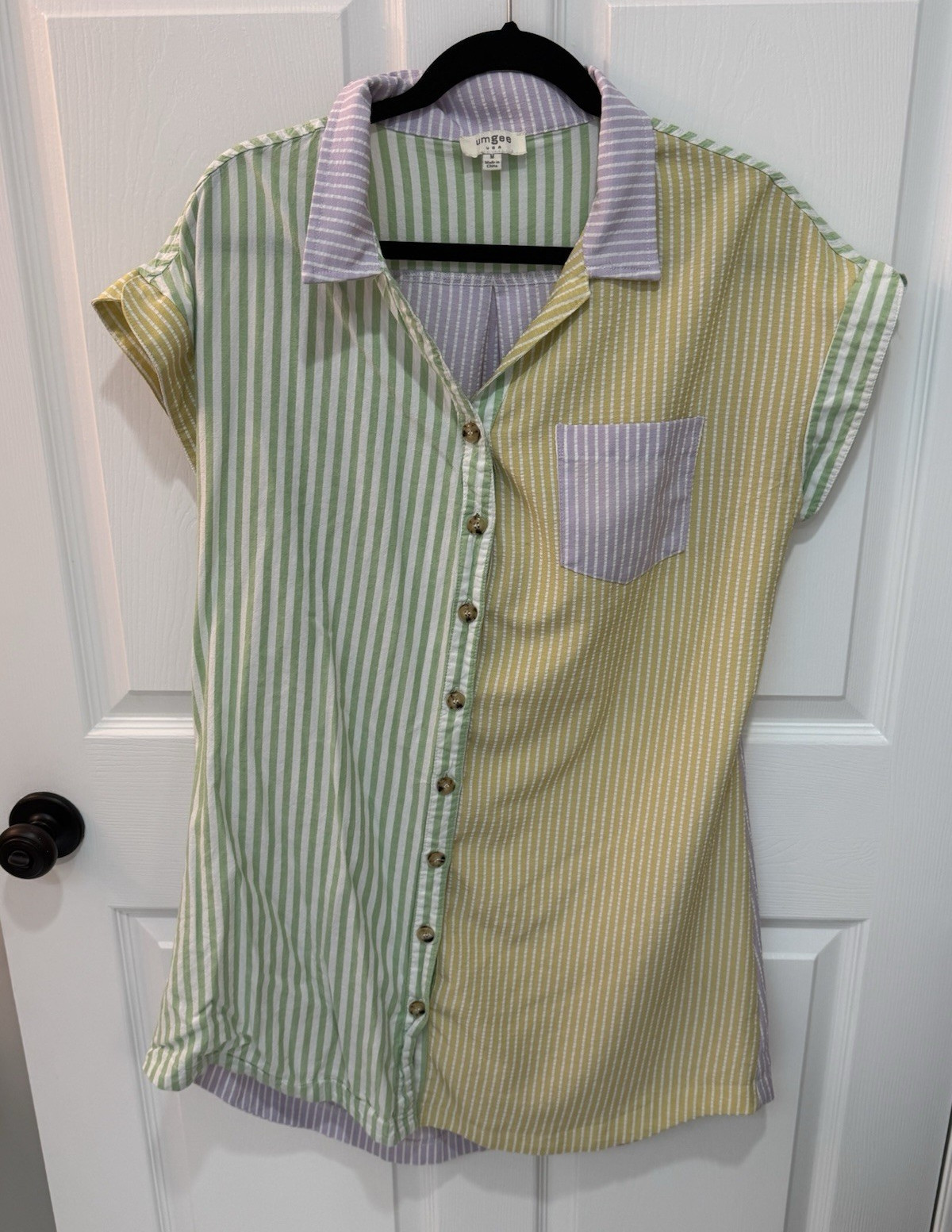 Umgee Women’s M Multicolor Striped Collared Short Sleeve Button-Up Top