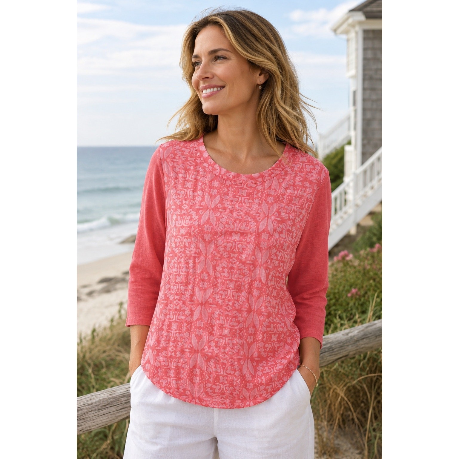 Fresh Produce Island Batik Catalina Raglan Casual Shirt Sunset Coral Size Medium