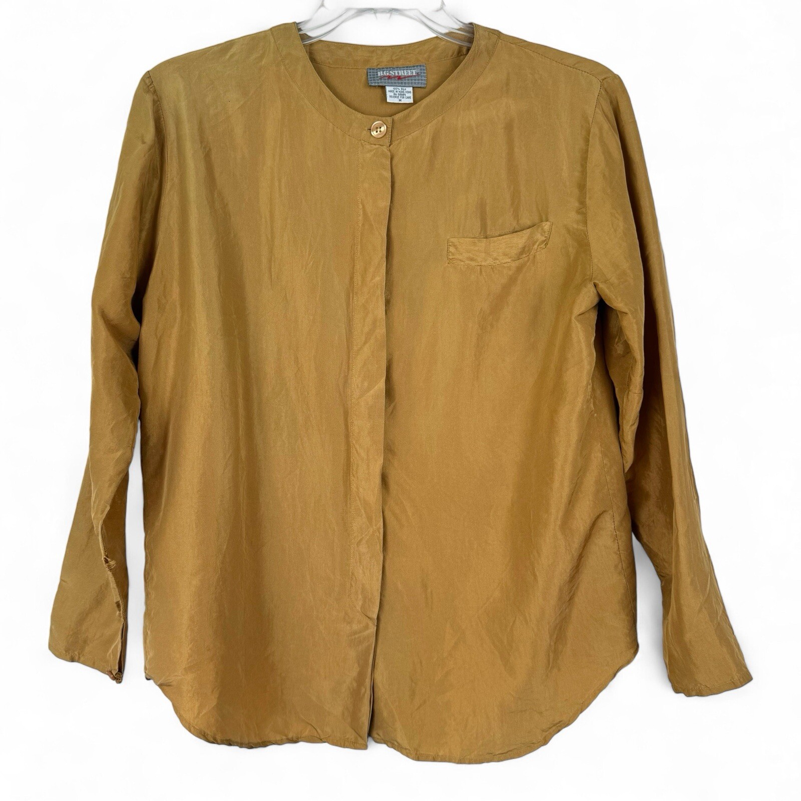 BG Street Womens Silk Button Down Top Gold Long Sleeve Bust Pocket See Condition