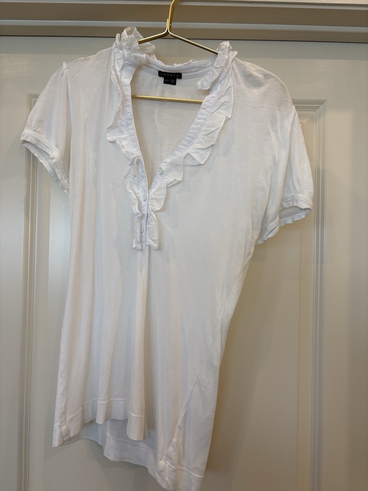 Theory Women’s White V-Neck Short Sleeve Ruffle Button Top, S/P
