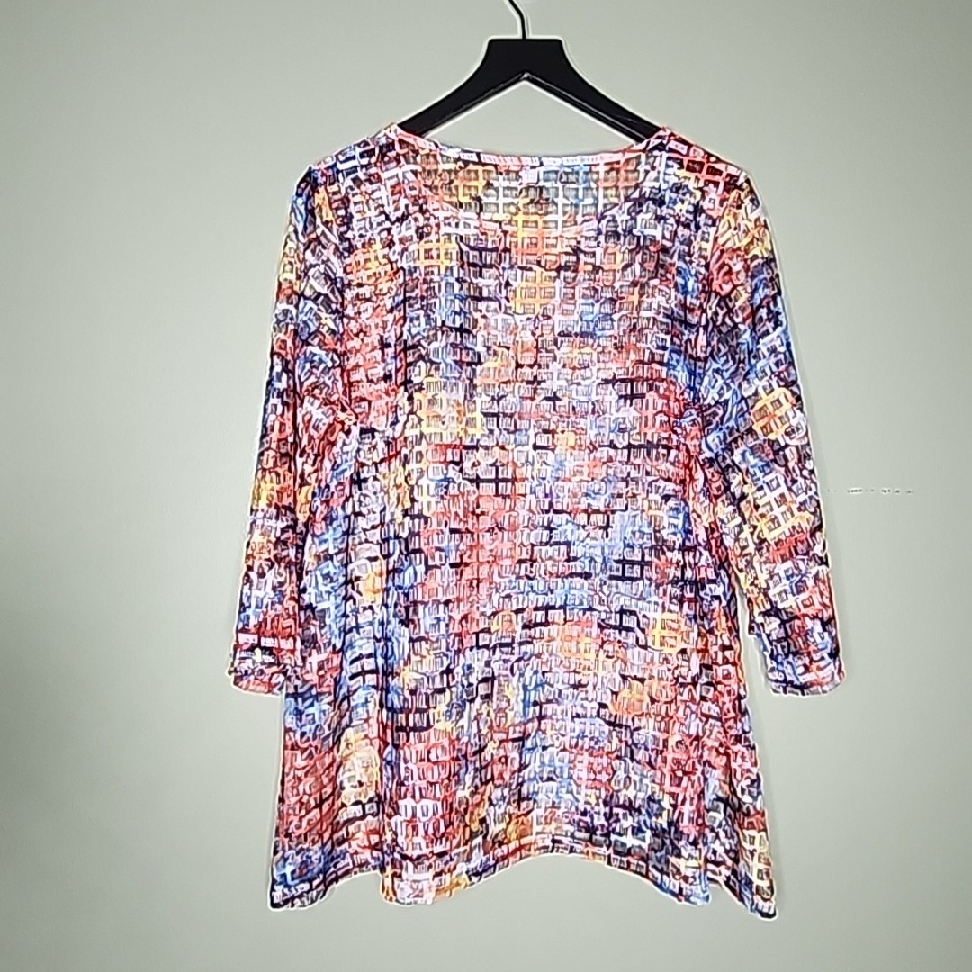 Erin London Sheer Top L Floral Multicolor Pullover 3/4 Sleeve Artsy Bohemian
