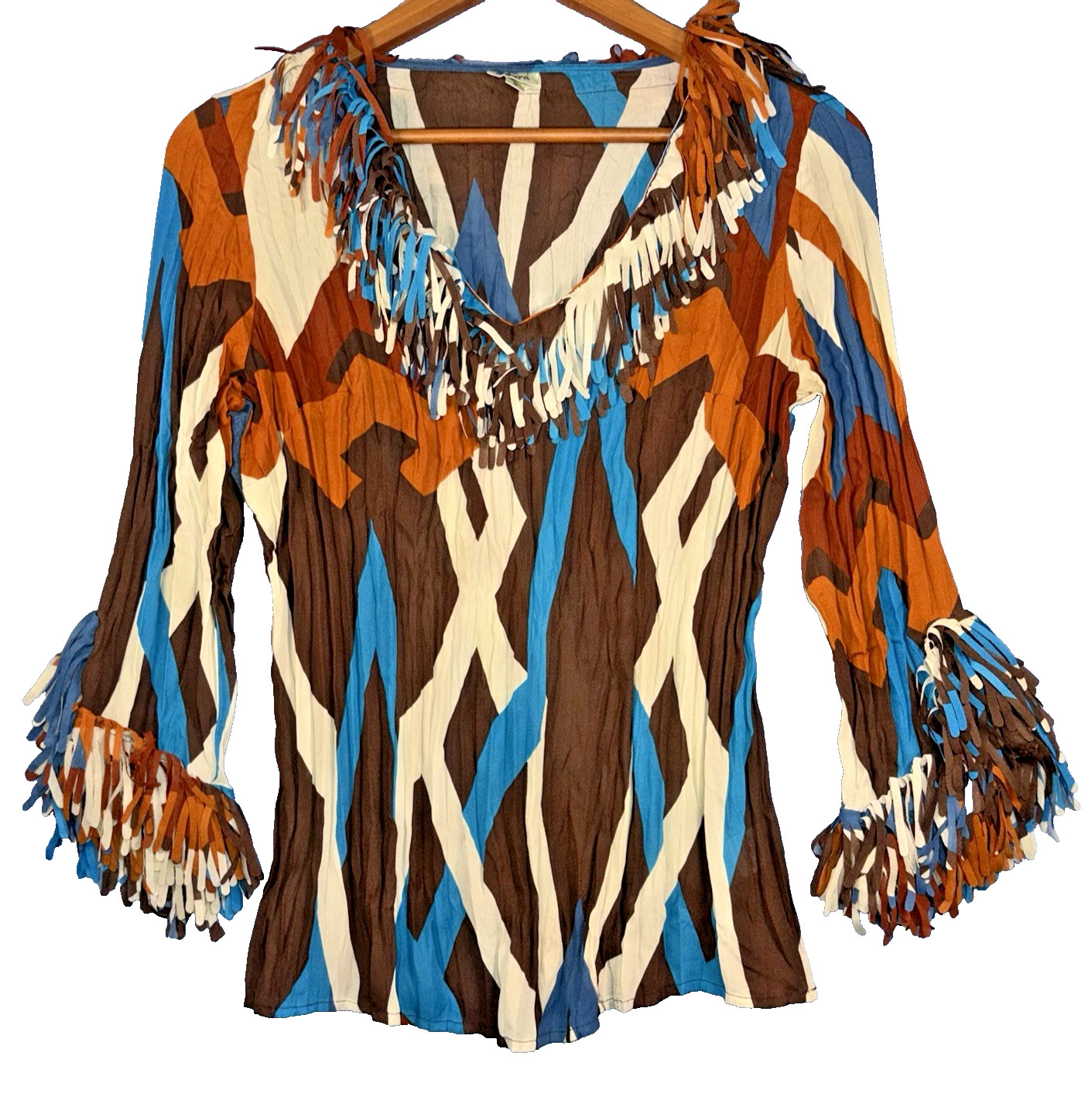 Agora Boho Fringe Top Womens Small Geometric Print Western Festival Y2K Blouse
