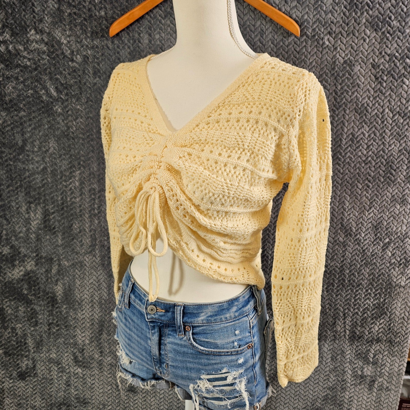 Jolie & Joy Yellow Crochet Hand Knit Ruched Front Long Sleeve Crop Top XL