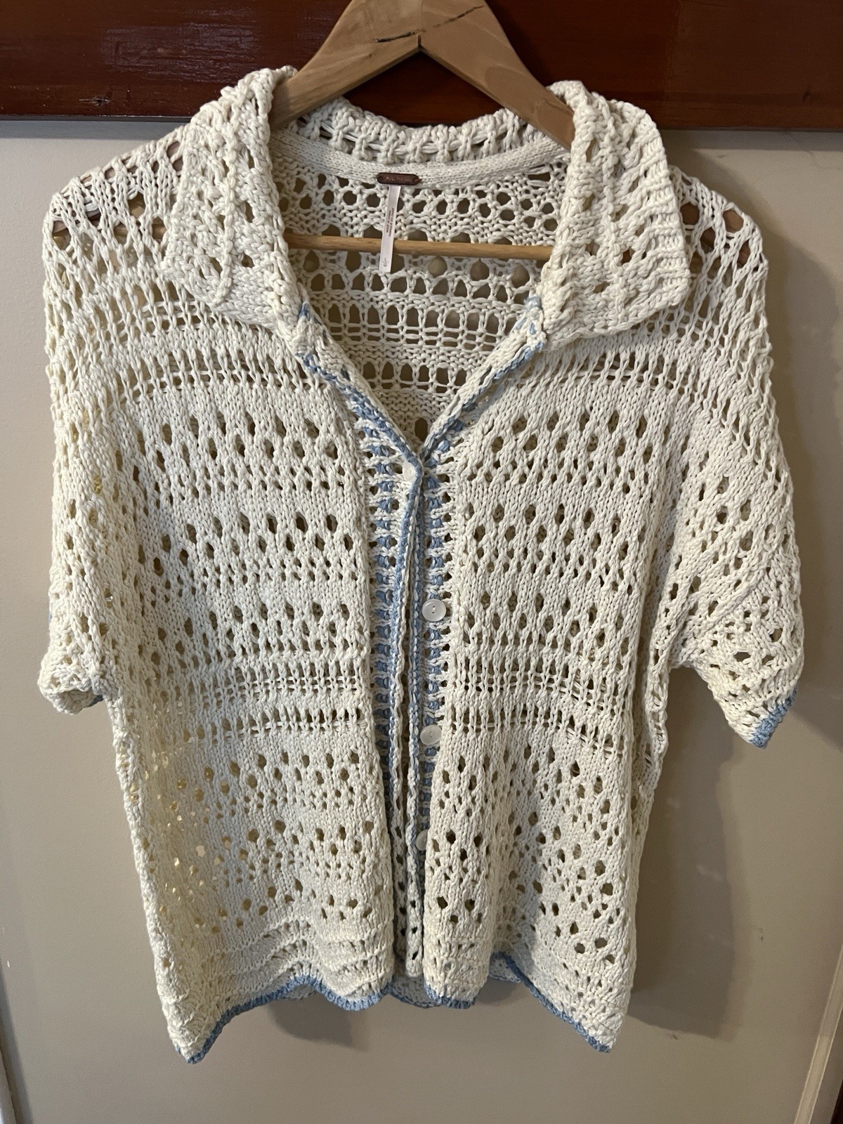 Women’s Large Free People Crochet Light Blue & Cream Button Top S/S