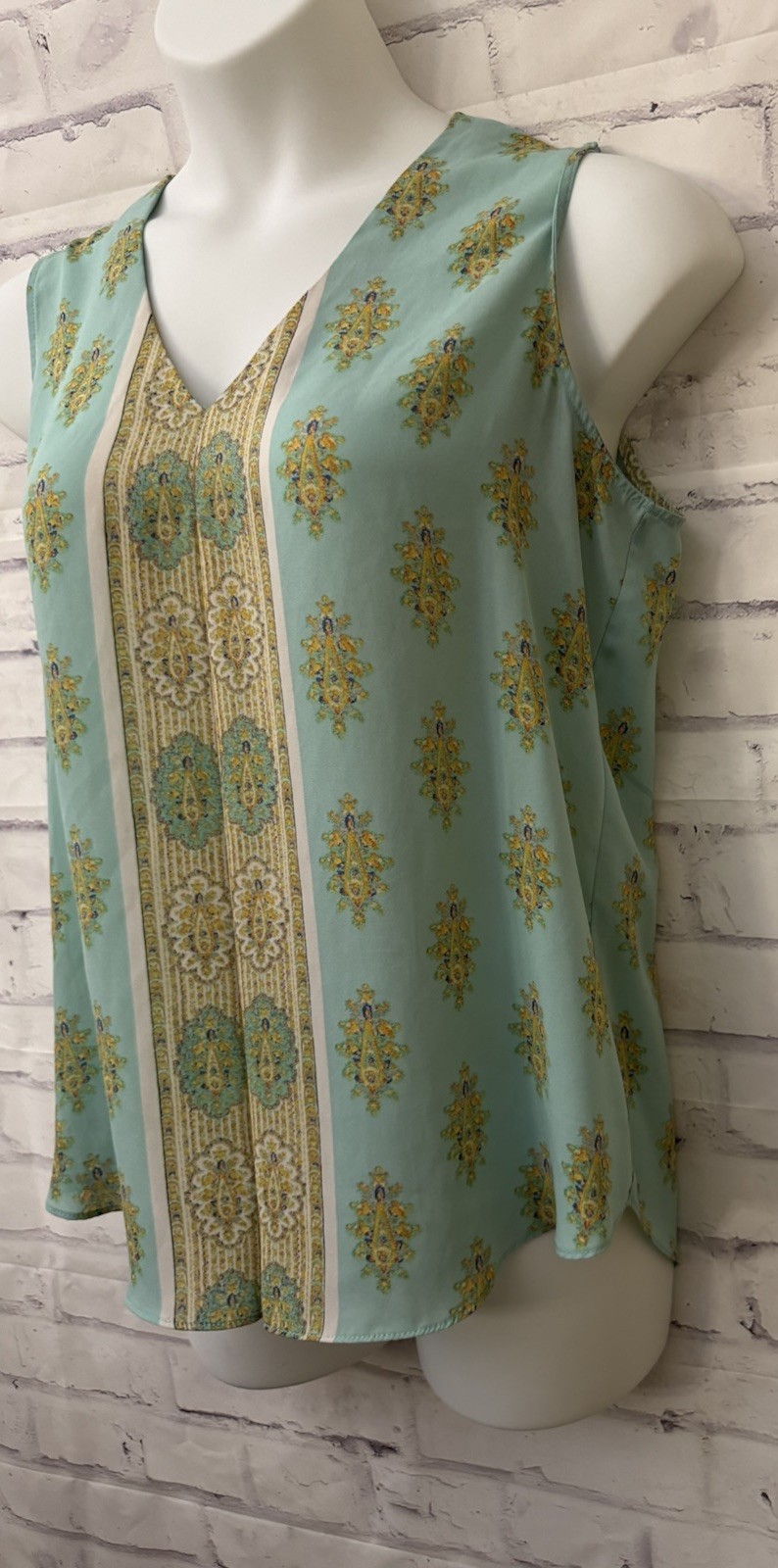 Rose + Olive Size Large Sheer Sleeveless Blouse Mint Green Yellow Boho Flowy
