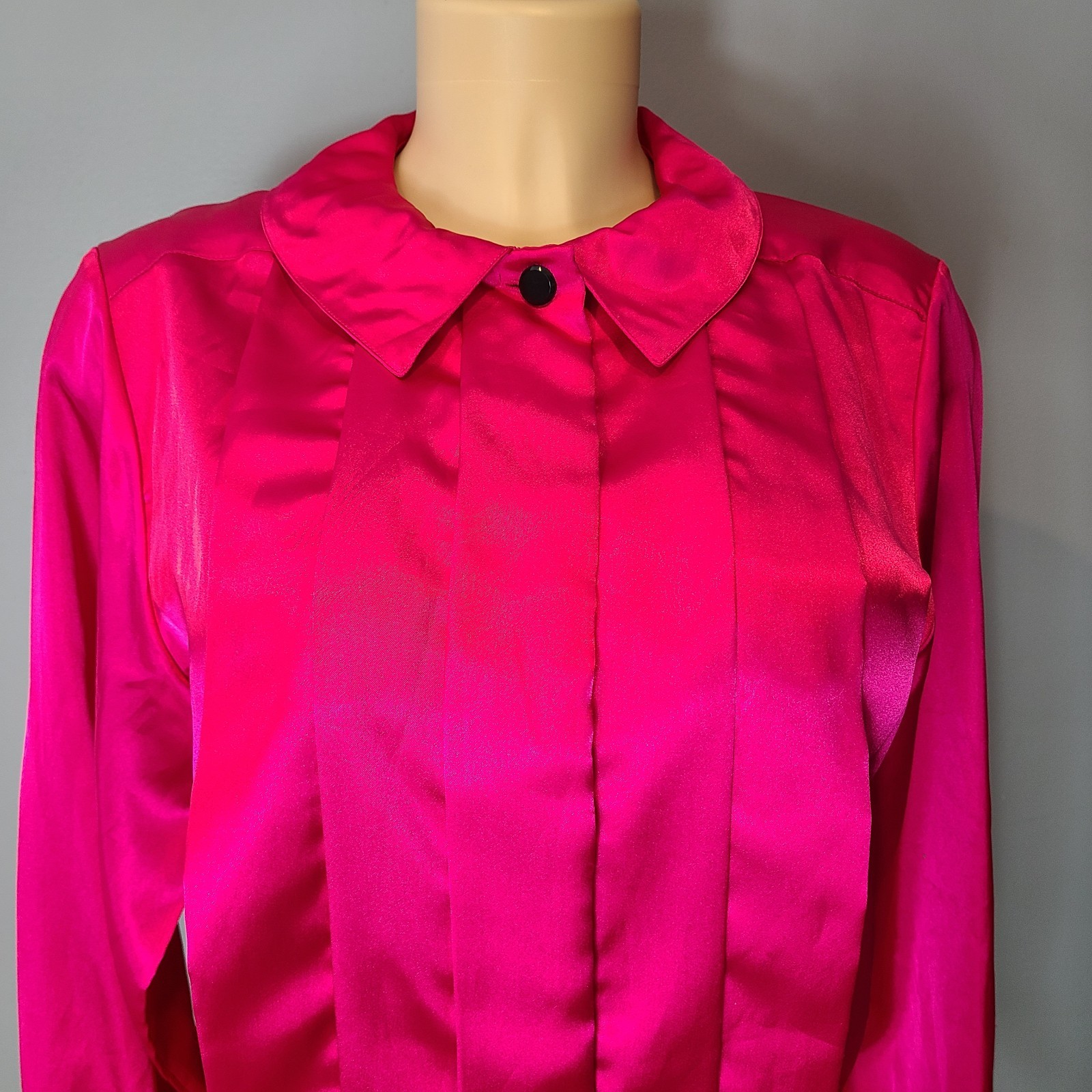 Vtg 80s 90s Top Satin Pink Pleated Retro Pink Statement Tailored Collared Sz M
