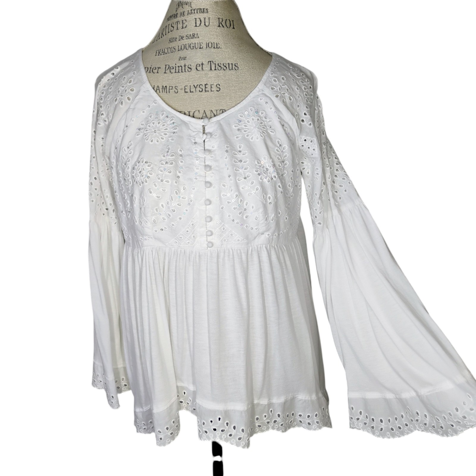 Free People Sea Of Love Tunic Top Womens Small Flare Sleeve Eyelet Fairy Angel