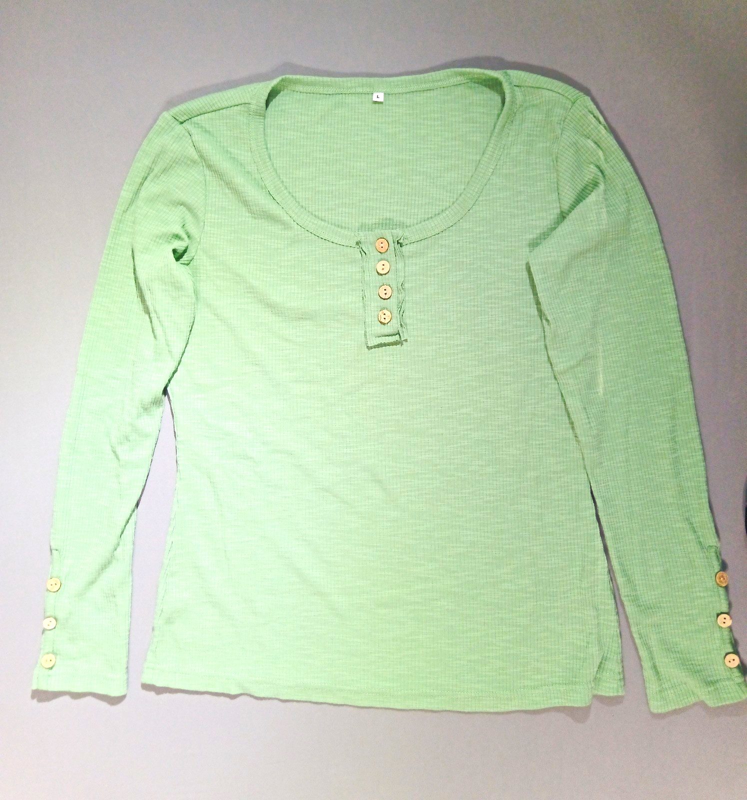 Green Solid Ribbed Knit Stretch Scoop Neck Henley Shirt Women’s L