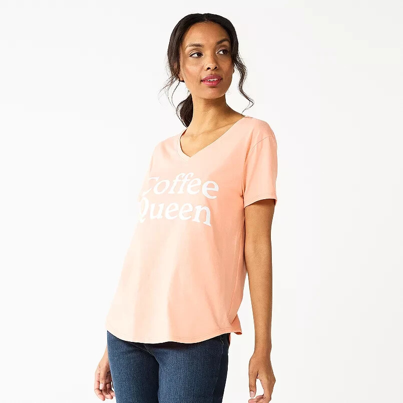 Womens Peach Coffee Queen T-Shirt Tee V-Neck Short Sleeve XXL Caffeine Top New