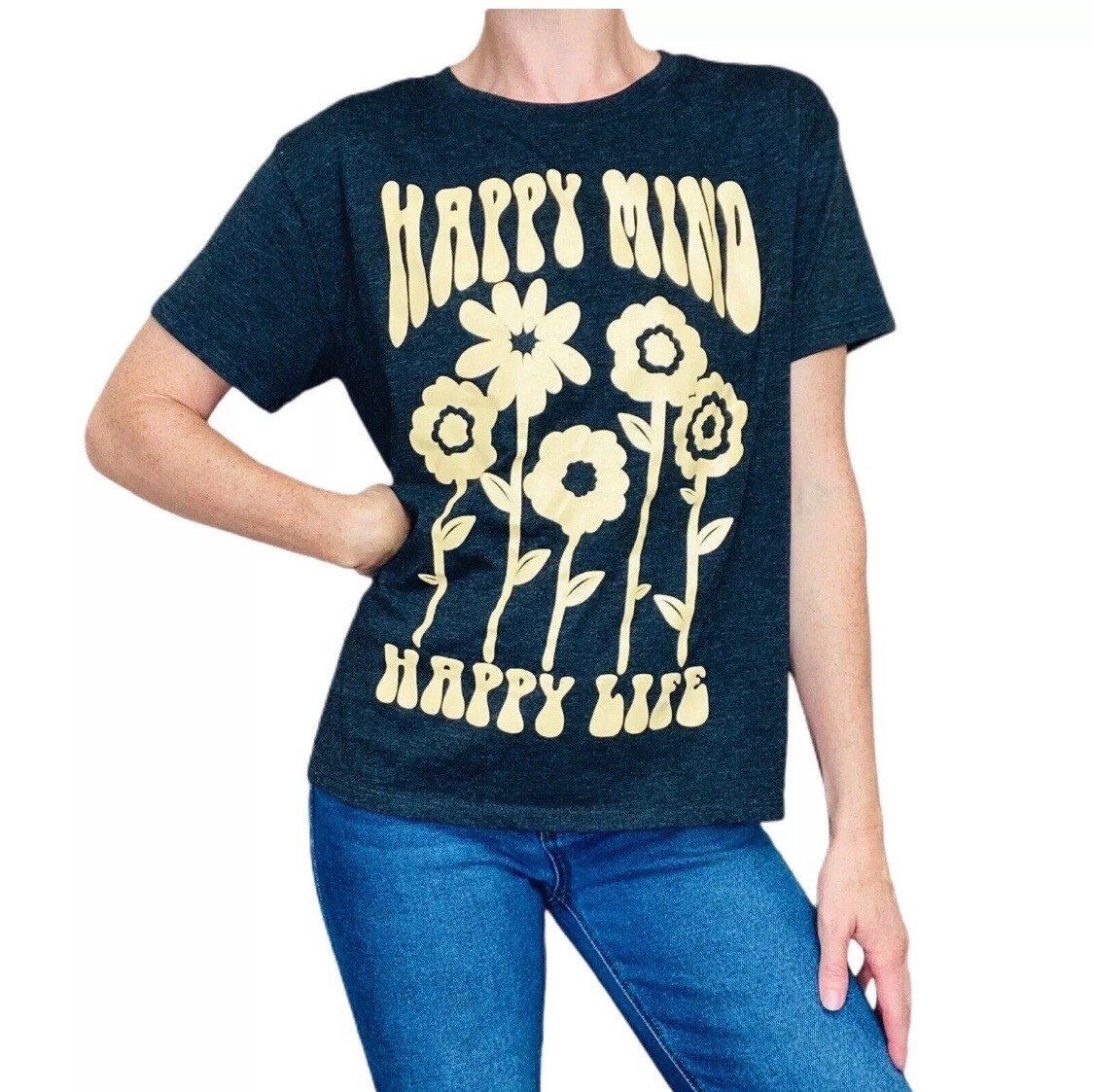 Modern Lux “Happy Mind Happy Life” Graphic Tee Women’s T-shirt Gray Size M