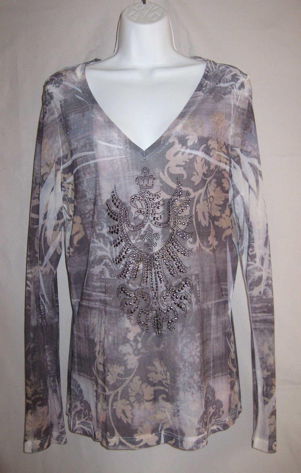 TALK OF THE WALK VNECK Grey/Brown Silver Studded Long Sleeve SMALL Exec. Cond.