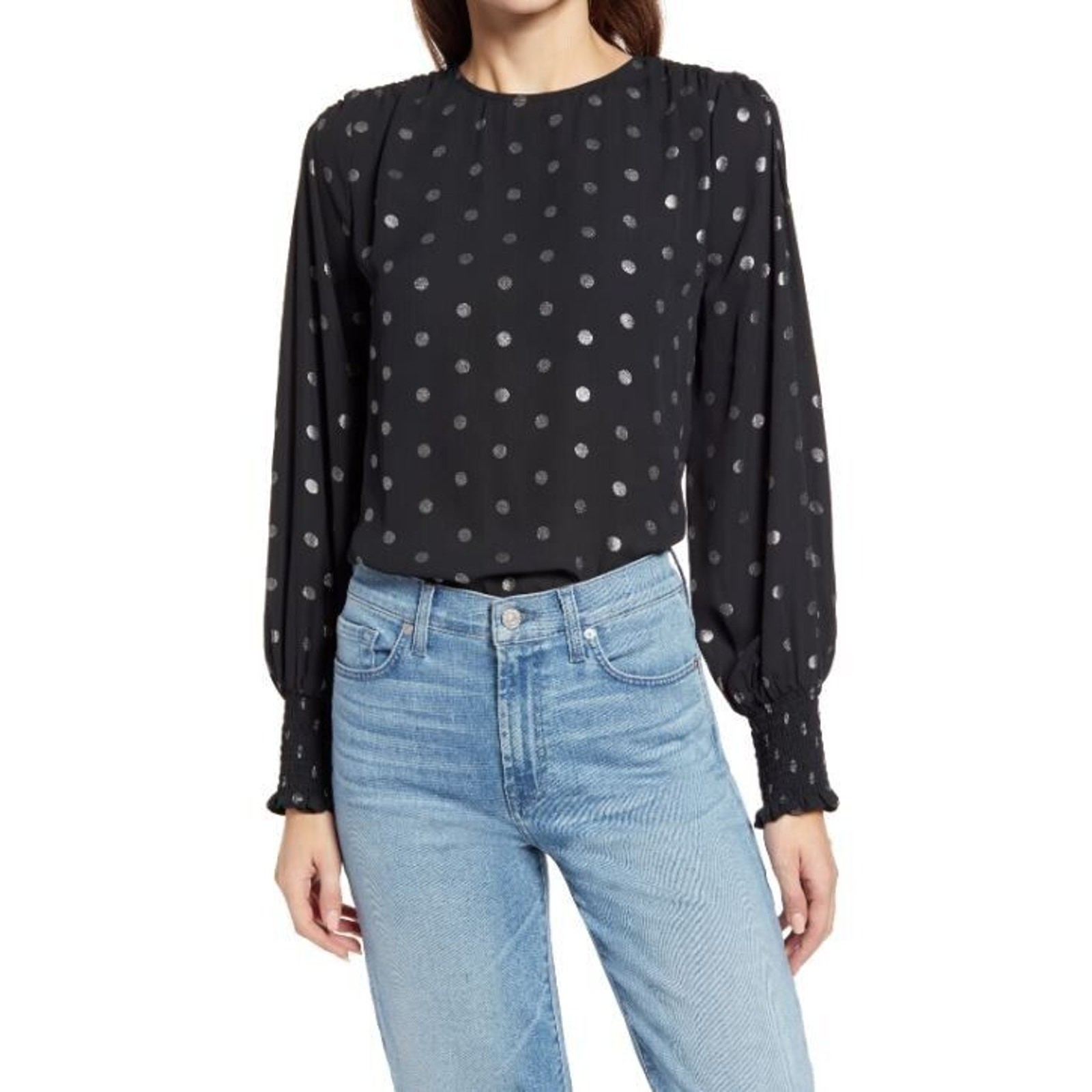 Halogen Metallic Dot Popover Blouse in Black with Silver Dots Small MSRP $59