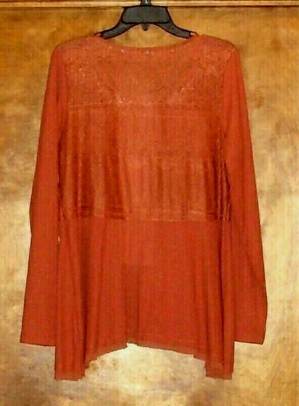 Knox Rose Long Sleeve Top Sz XL Rust Orange Embroidered Scoop Neck Lace Trim