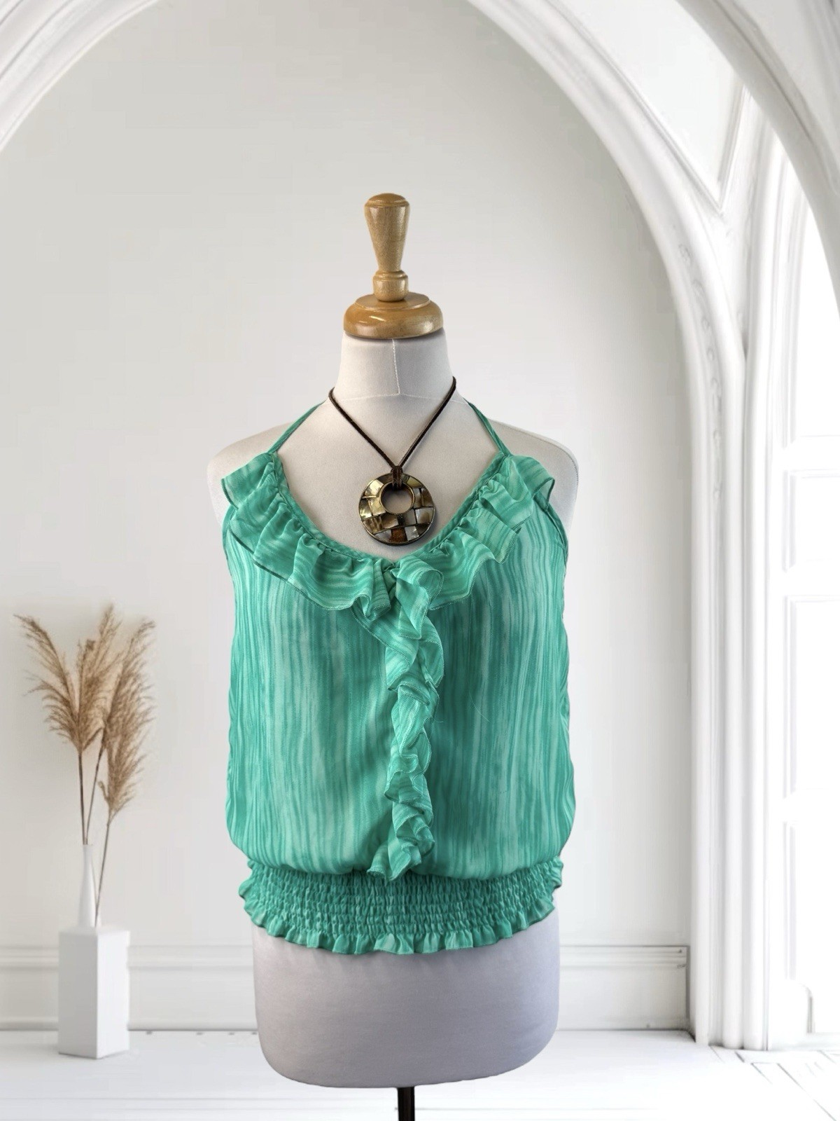Teal Blue Green Halter Sheer Blouse Ruffle Top Boho Summer Island Girl Beach Y2K