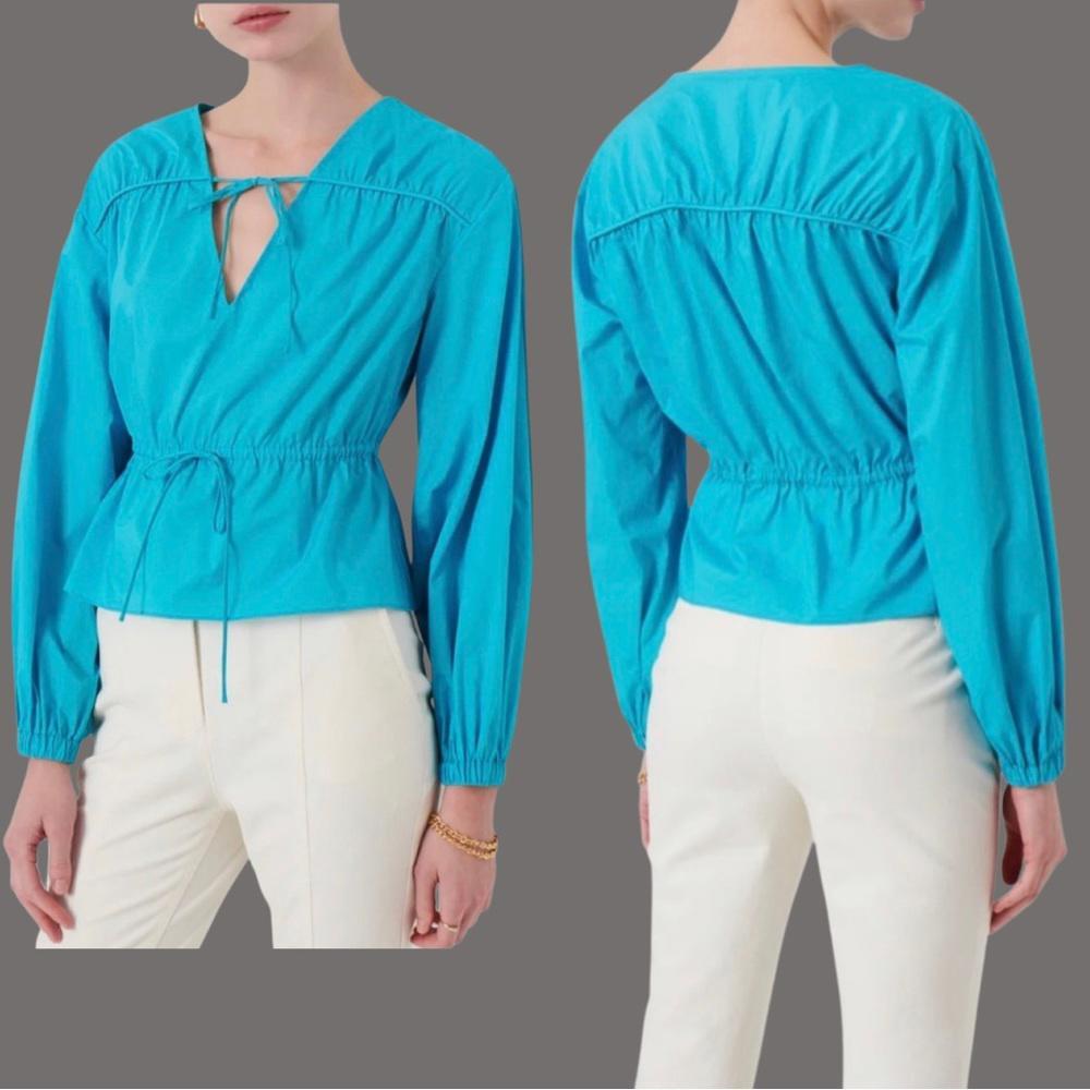 Derek Lam Long Sleeve Gathered Top Stretch Work Office Cotton Blue V Neck Peplum