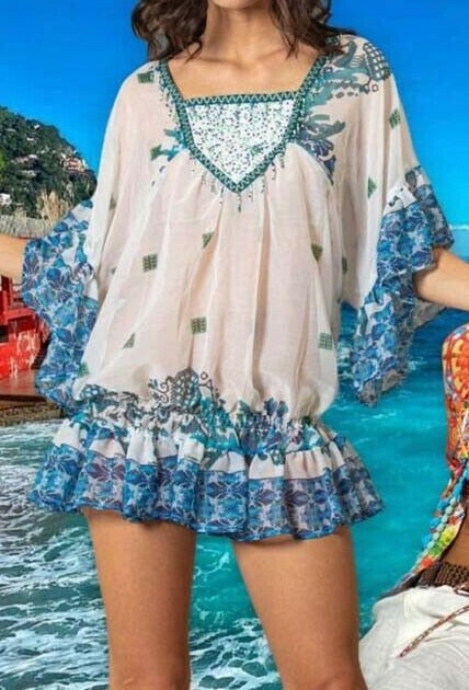 ANTICA SARTORIA 2020 AQUA & WHITE FISH & CORAL GATHERED AT HIP BEADED NWT TOP