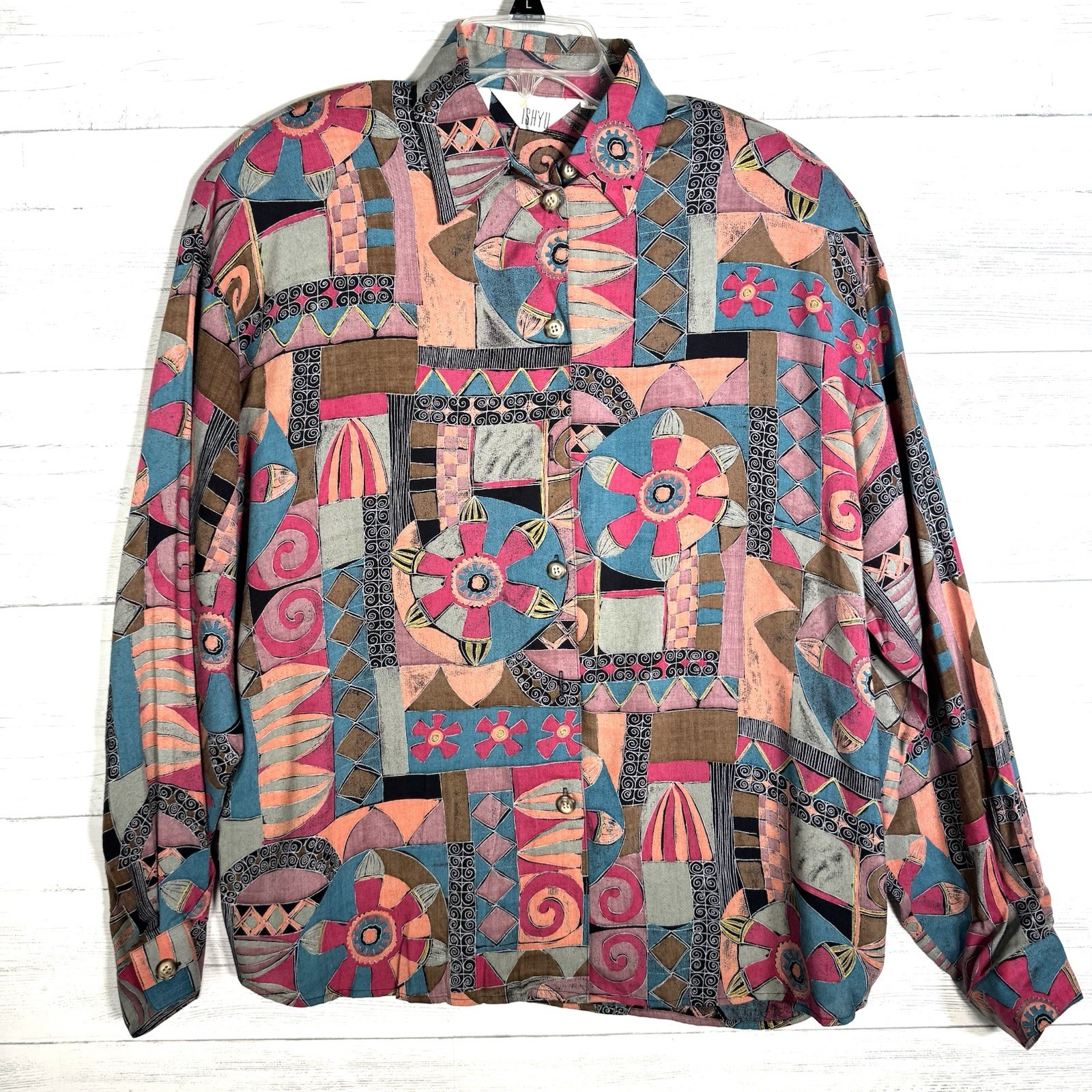 Vintage 80s 90s Ishyu Geometric Colorful Button Blouse Women’s Size 10 Rayon