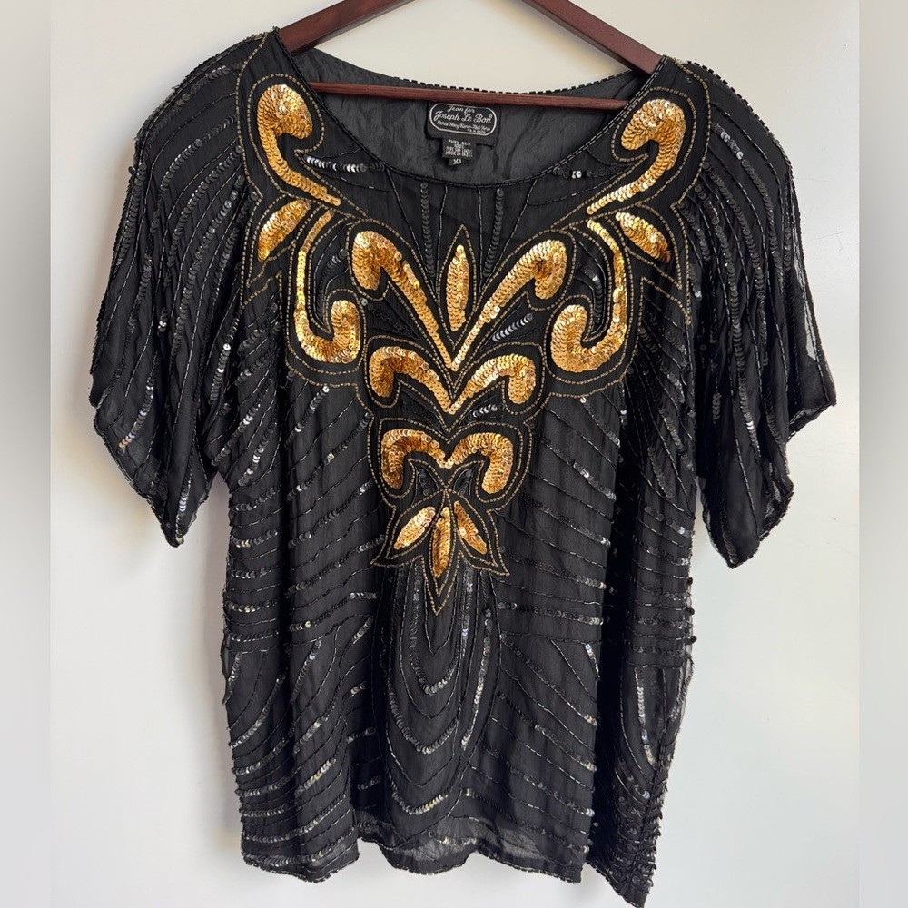 Vintage Jean for Joseph Le Bon 100% Pure Silk Black Sequin Top Women XL Gold