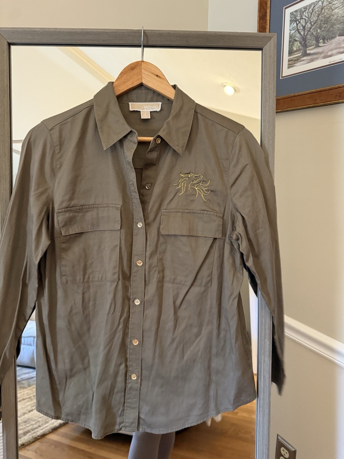 Kors Embroidered Button Down Shirt Brown Size 8
