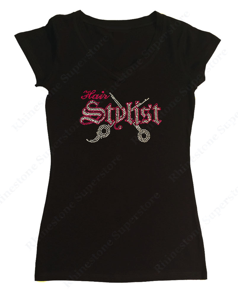 Women’s Rhinestone T-Shirt ” Hair Stylist w/ Scissors ” in S, M, L, XL, 2X,3X