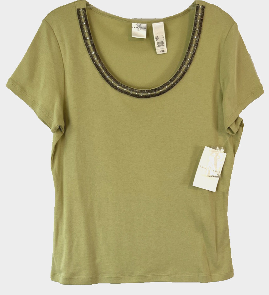 Emma James Embellished Shirt Green Sz Large Short Sleeve Pull On Women XJ16