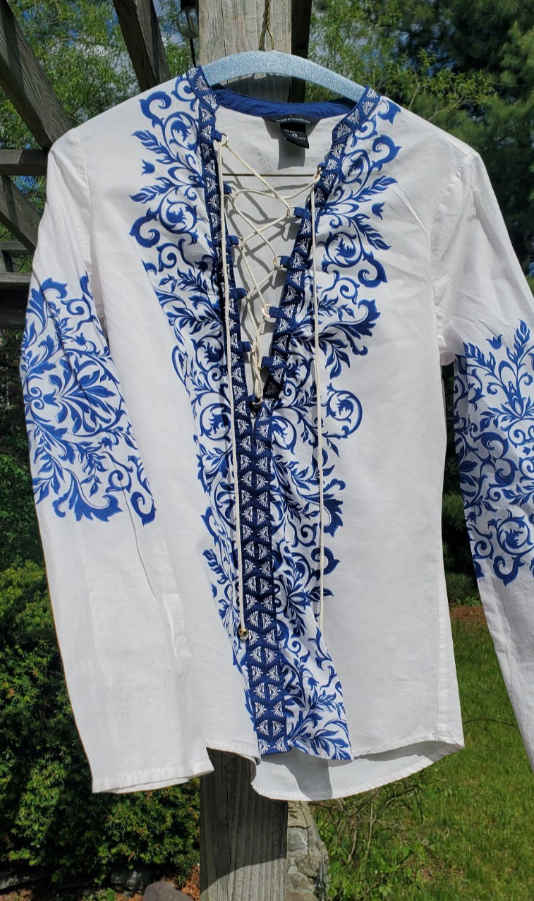 Moda International White & Blue Embroidered Ribbon Lace Up Cotton Tunic Size XS