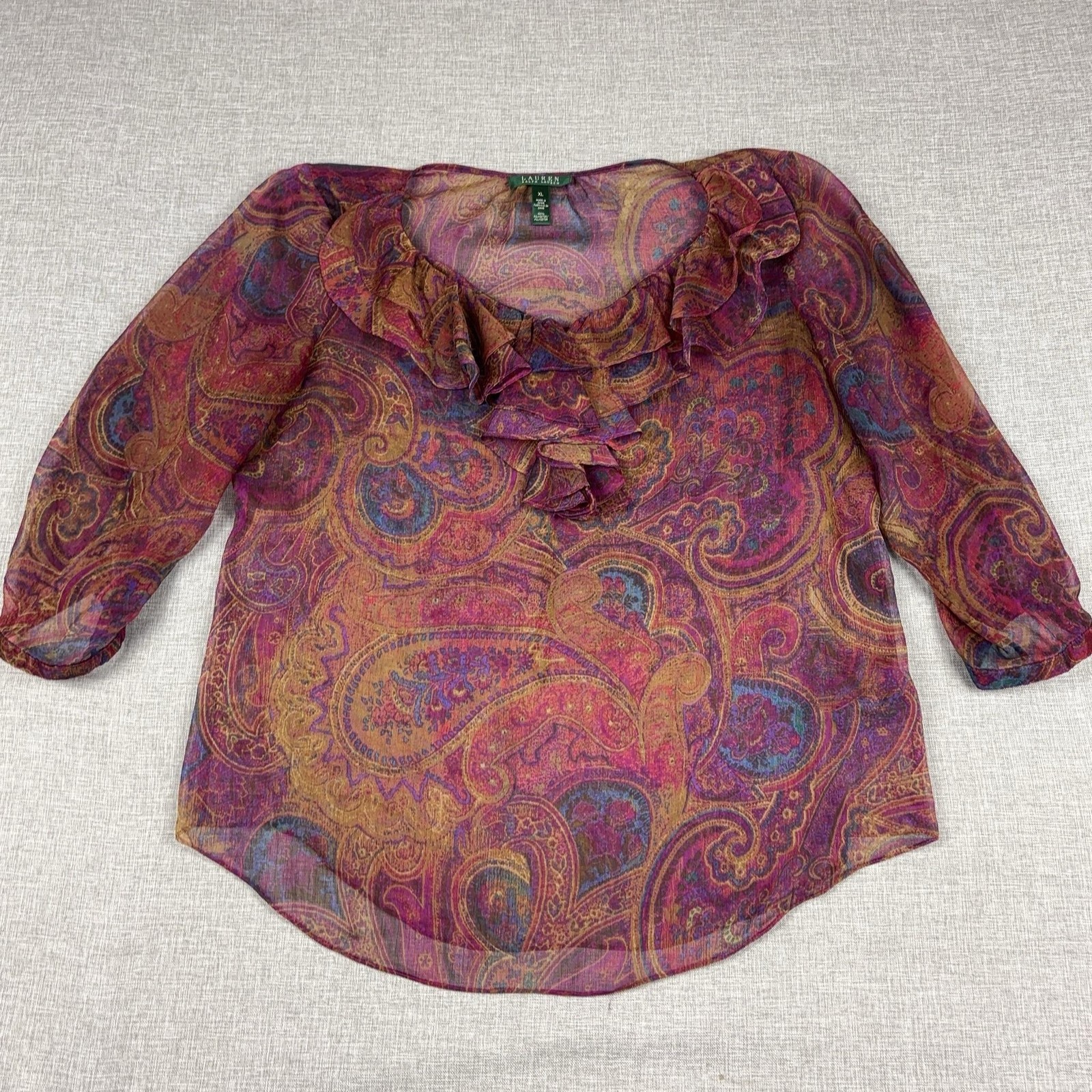 Lauren Ralph Lauren Blouse Womens XL Purple V-Neck 3/4 Sleeve Ruffle Paisley