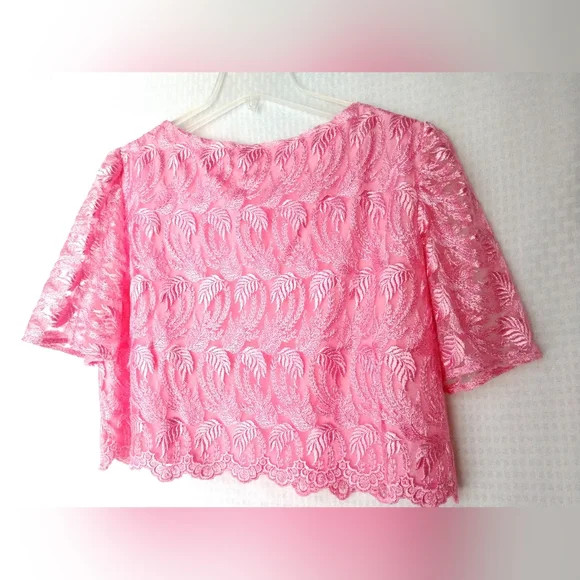 Sari Ethnic CROP Top Blouse Bright Pink Lace Short Sleeve Size Large Chest 40″