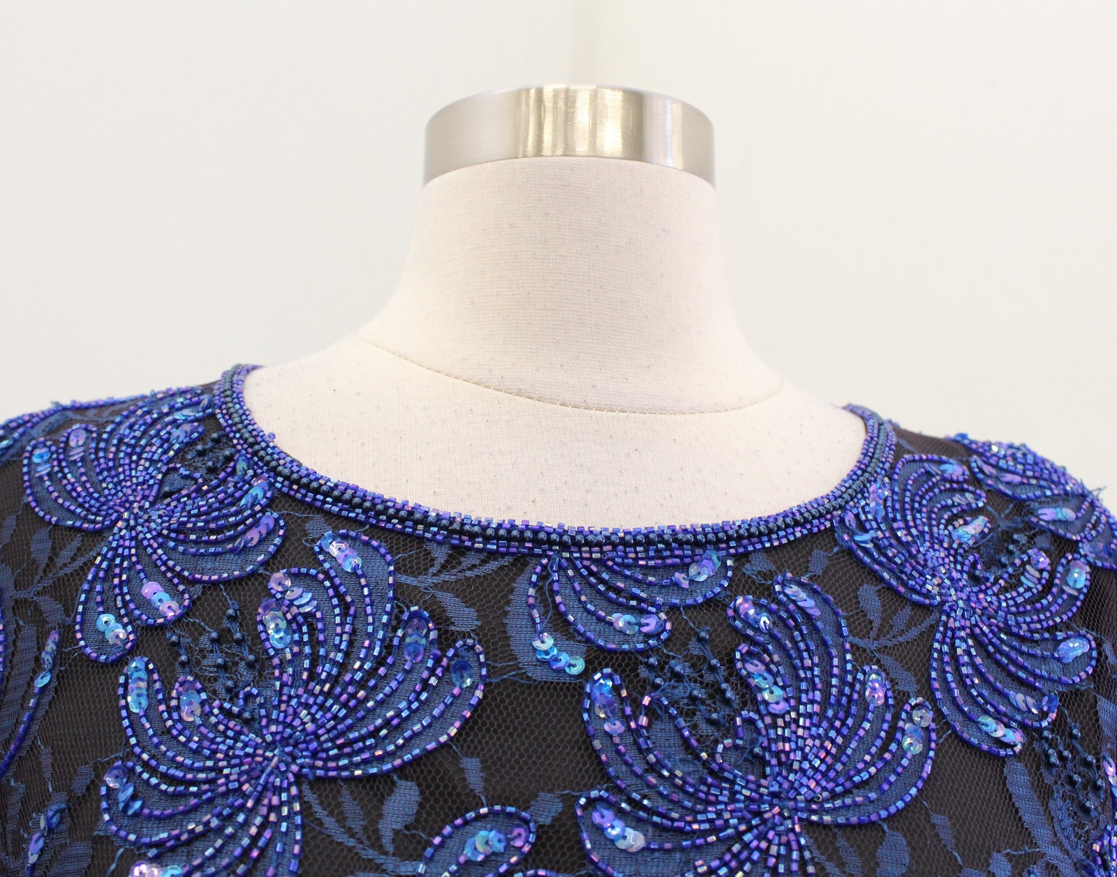 Vtg Laurence Kazar Black Blue Mesh Lace Sequin Beaded Evening Top Blouse Size 3X
