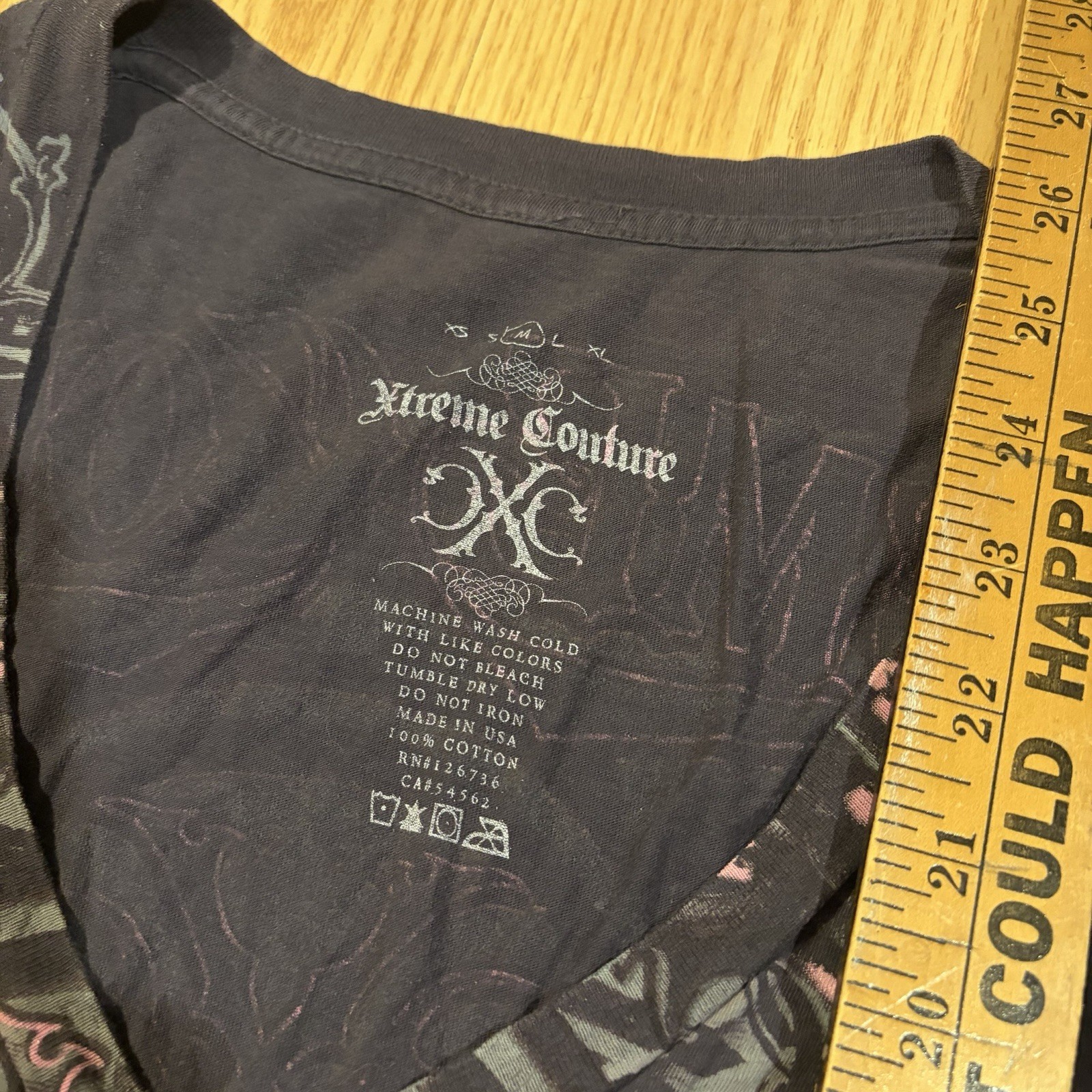 Women’s Y2k Extreme Couture Pink Black Graphic Vneck Top Medium 2000s Gothic