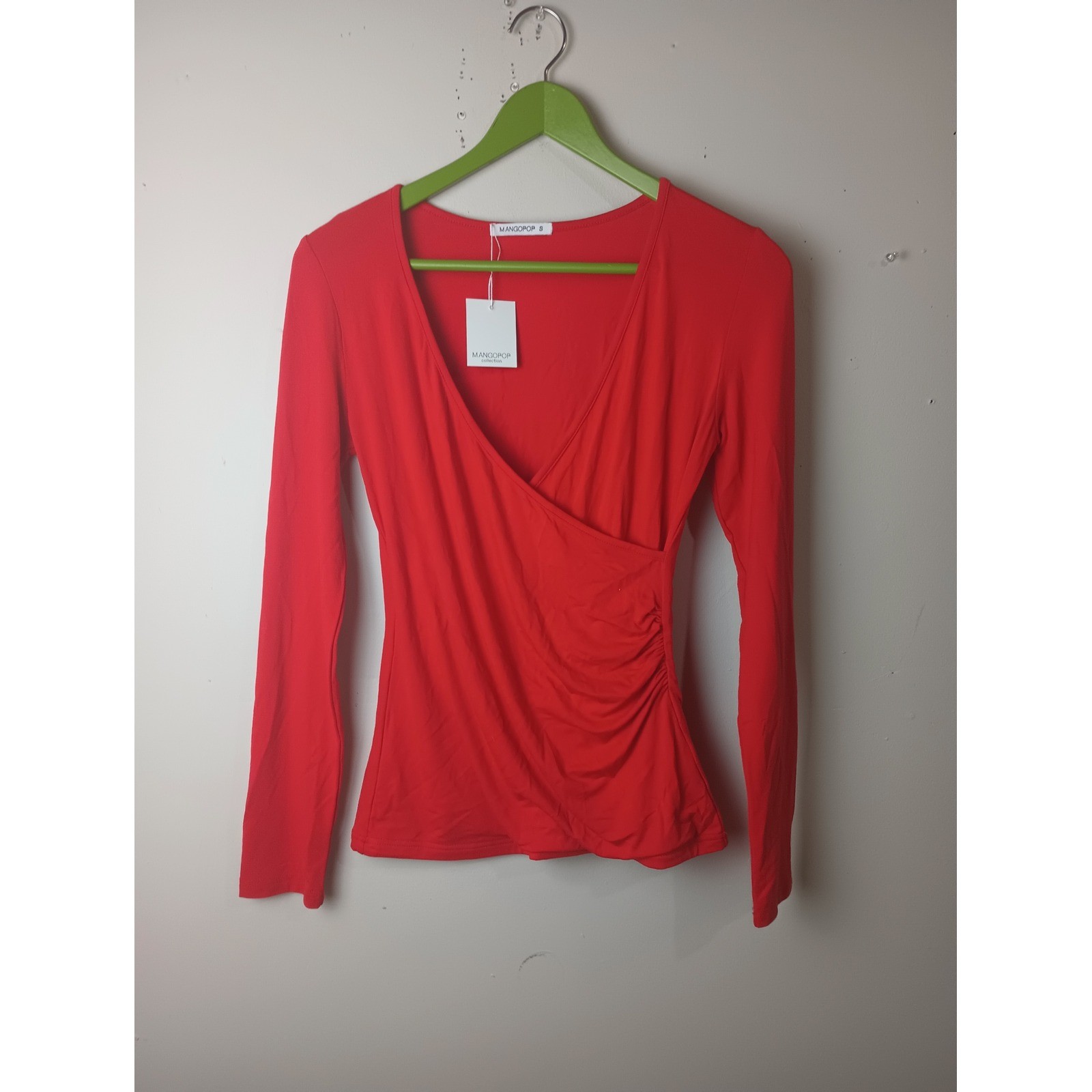 MangoPop Red Long Sleeve Surplice Faux Wrap Ruched V-Neck Top Small NWT