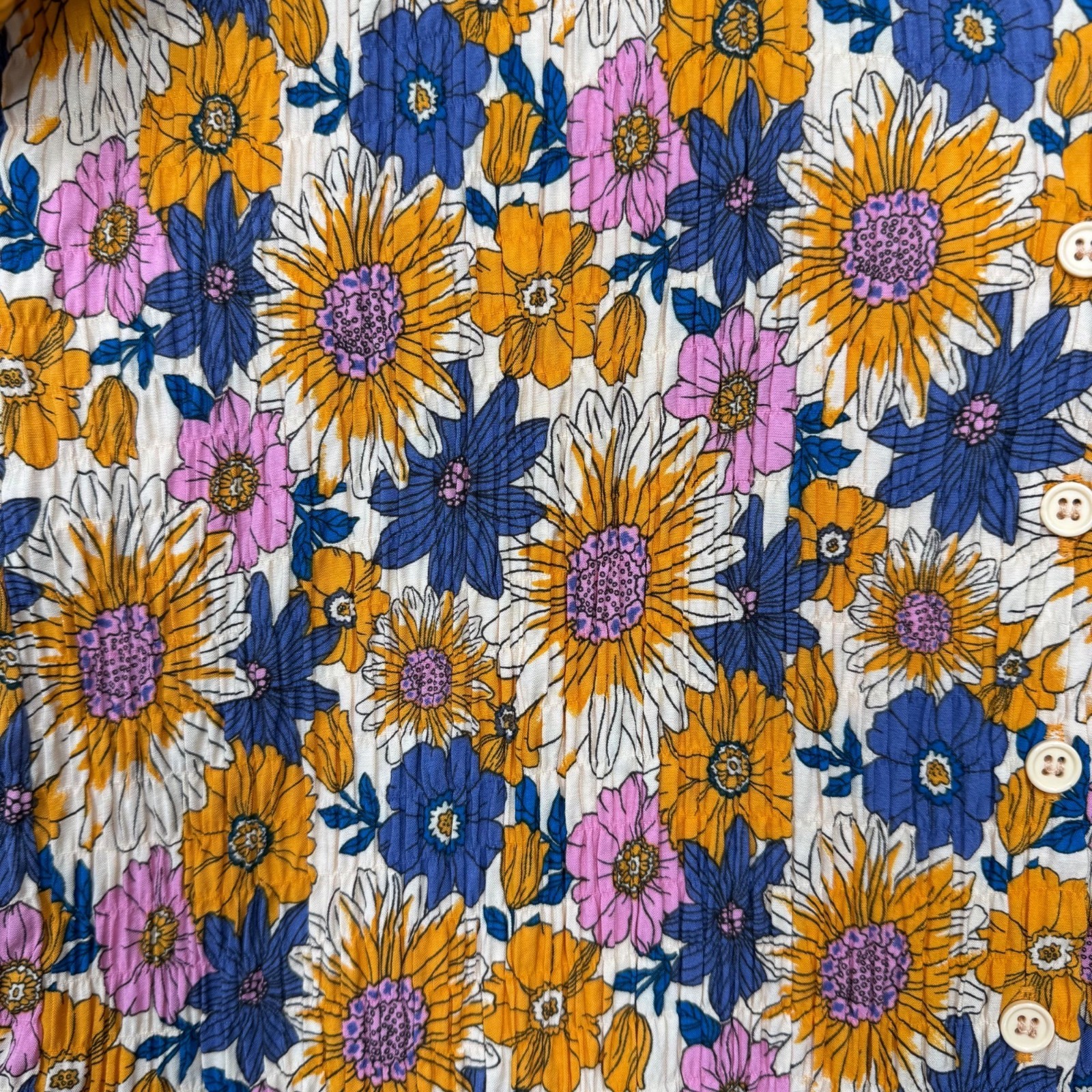 Forever 21 Floral Crinkle Button Up Camp Shirt Boho Retro Orange Blue Womens M