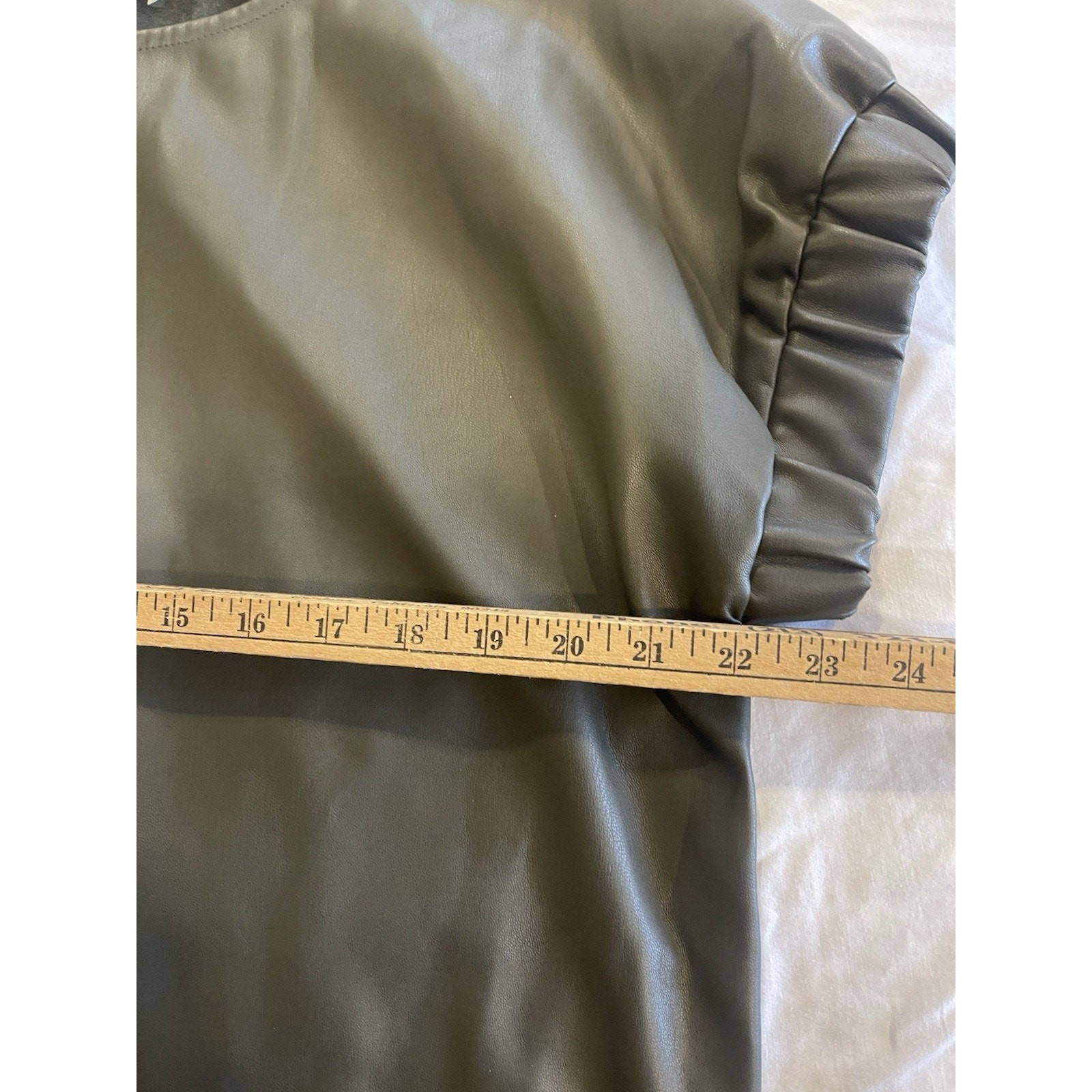 INCLAN STUDIO Olive Green Capsule Gathered Sleeve Vegan Leather Top Blouse L