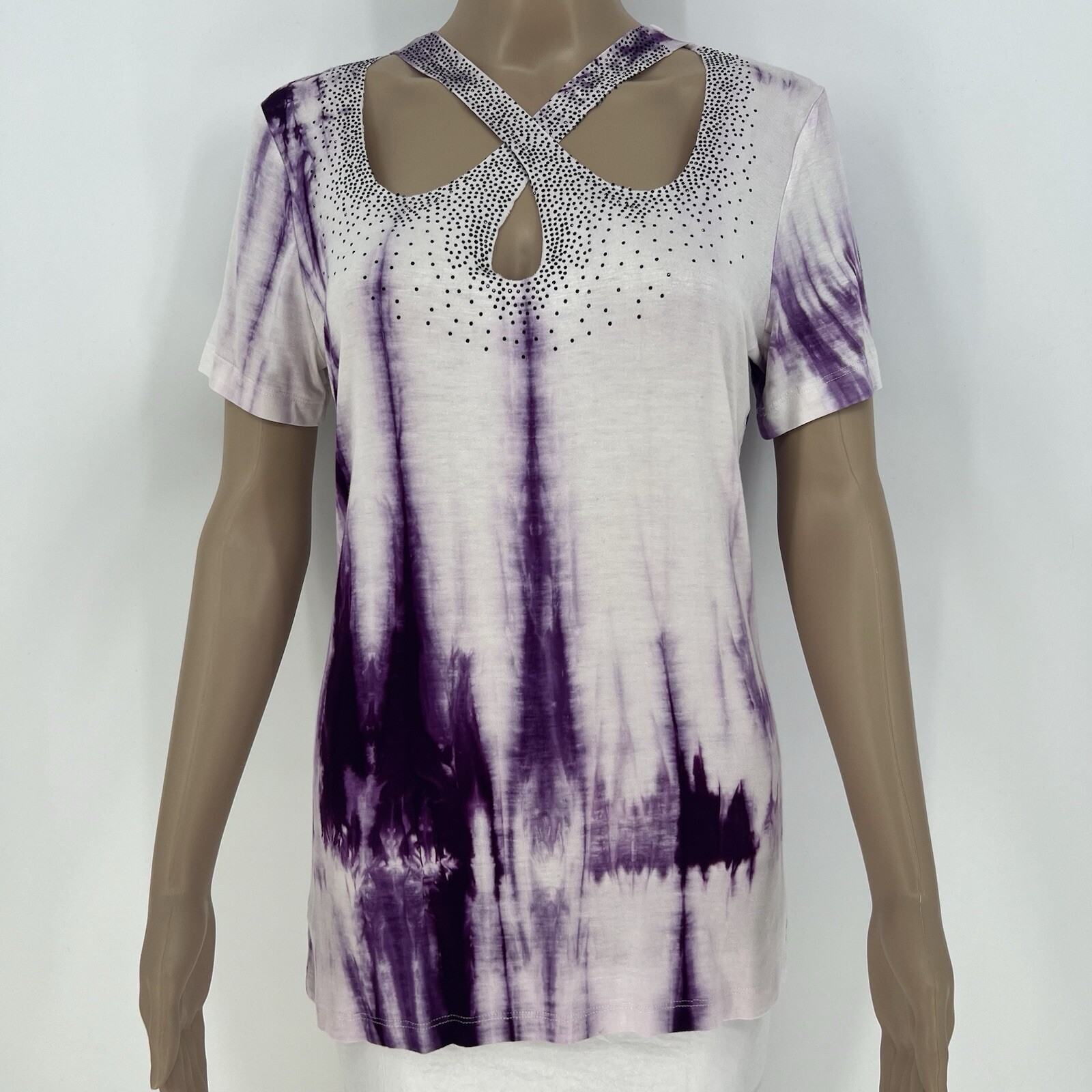 Vocal Top Womens Purple and White Cut Out Crisscross Neckline With Rhinestones