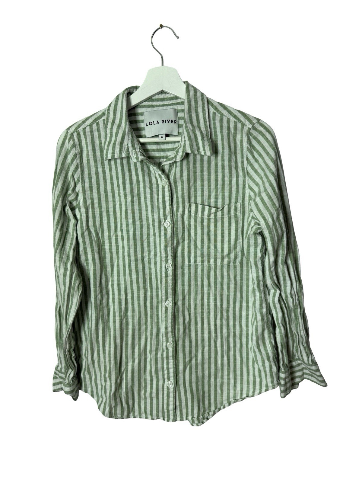 Striped Long Button Down Shirt Green & White By LOLA RIVER Size M